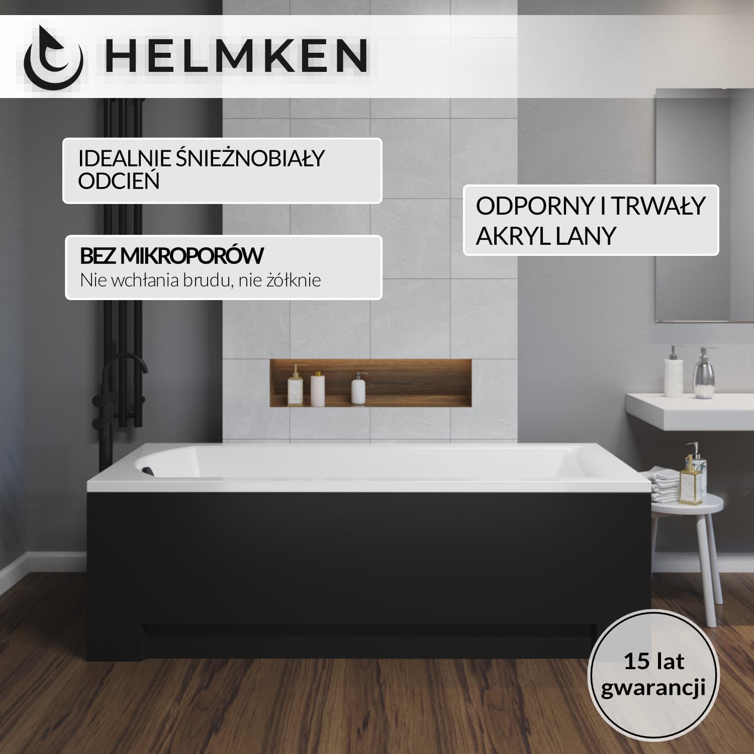 Wanna akrylowa Helmken Vespera 150 х 70 + Panel czarny + Nóżki / 23098002