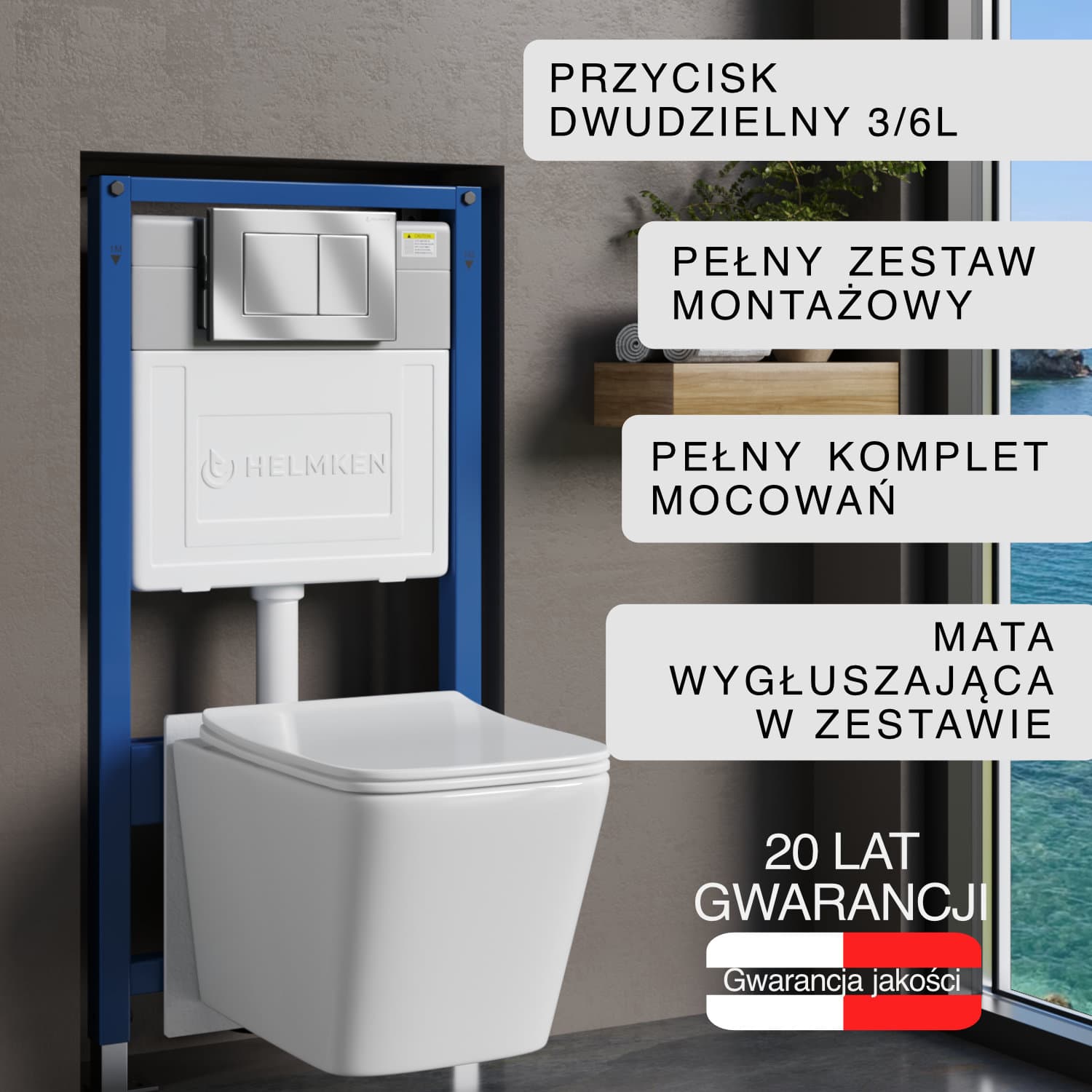 Zestaw podtynkowy WC Helmken 5w1: Przycisk Satyna (J), Miska bezkołnierzowa Rimless 35120001, Deska wolnoopadająca, Mata