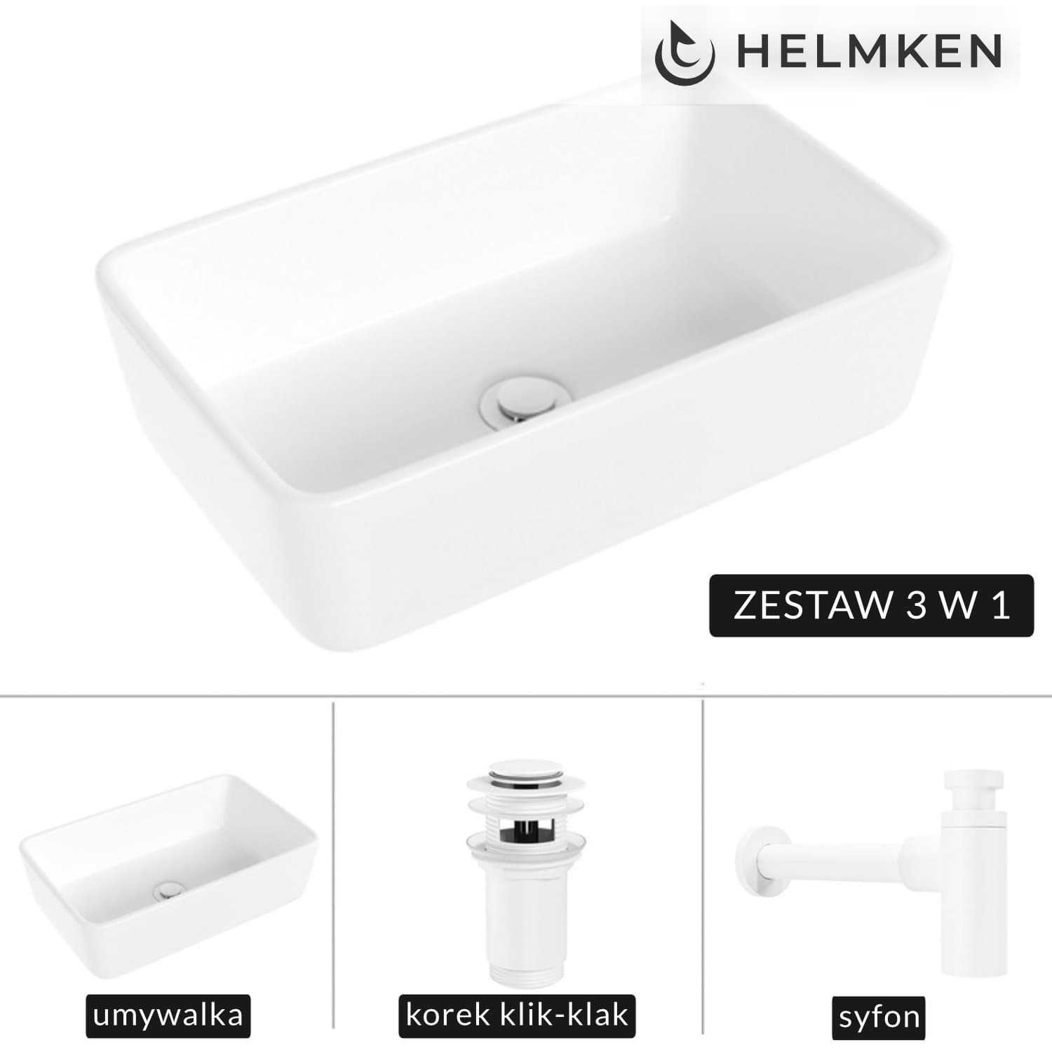 Umywalka nablatowa Helmken 67448000 (48x29.5) Biała + Syfon Biały + Korek klik-klak Biały
