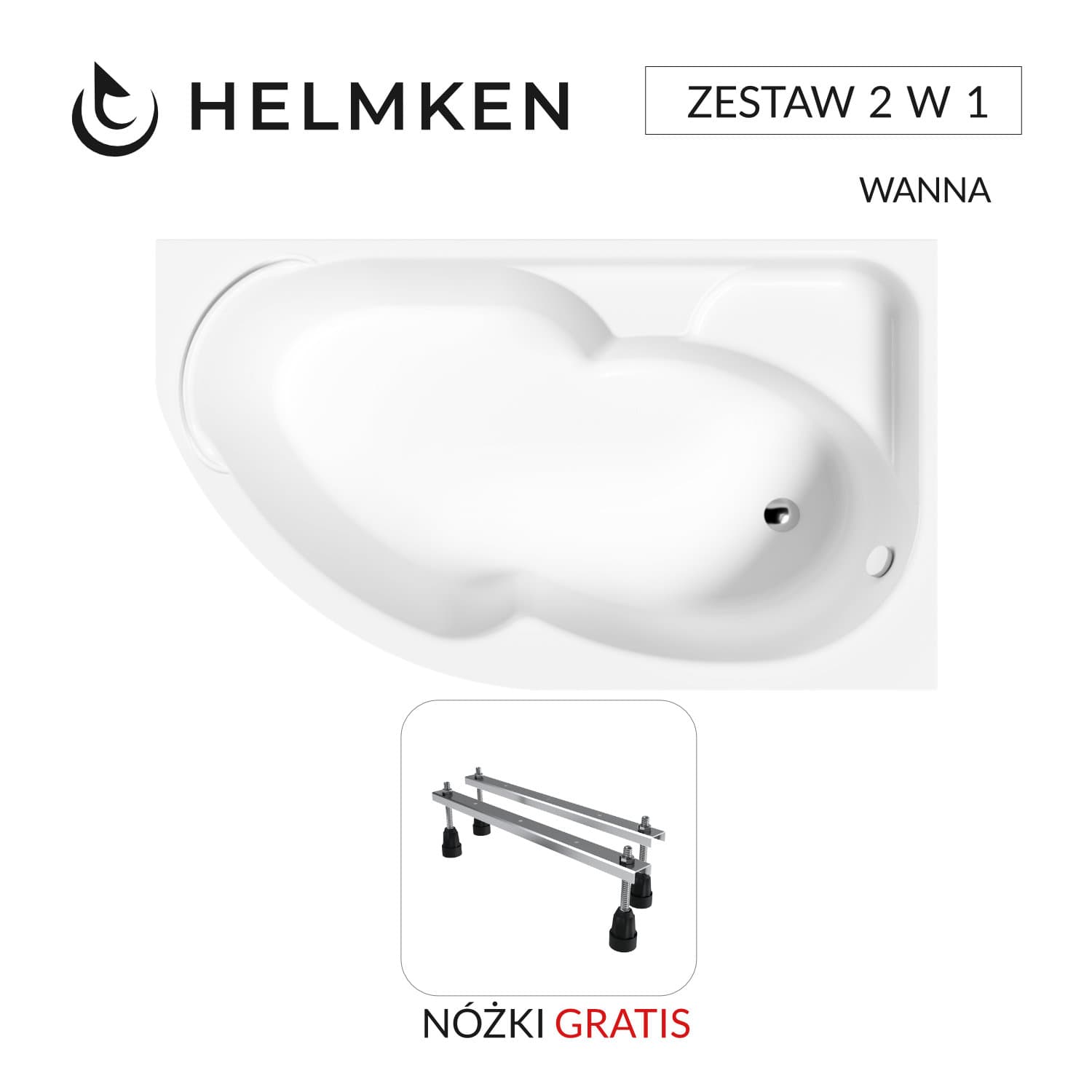 Wanna asymetryczna Helmken Geneva 170x105 Prawa z akrylu lanego Wzmocniona + Nóżki / 3503170R
