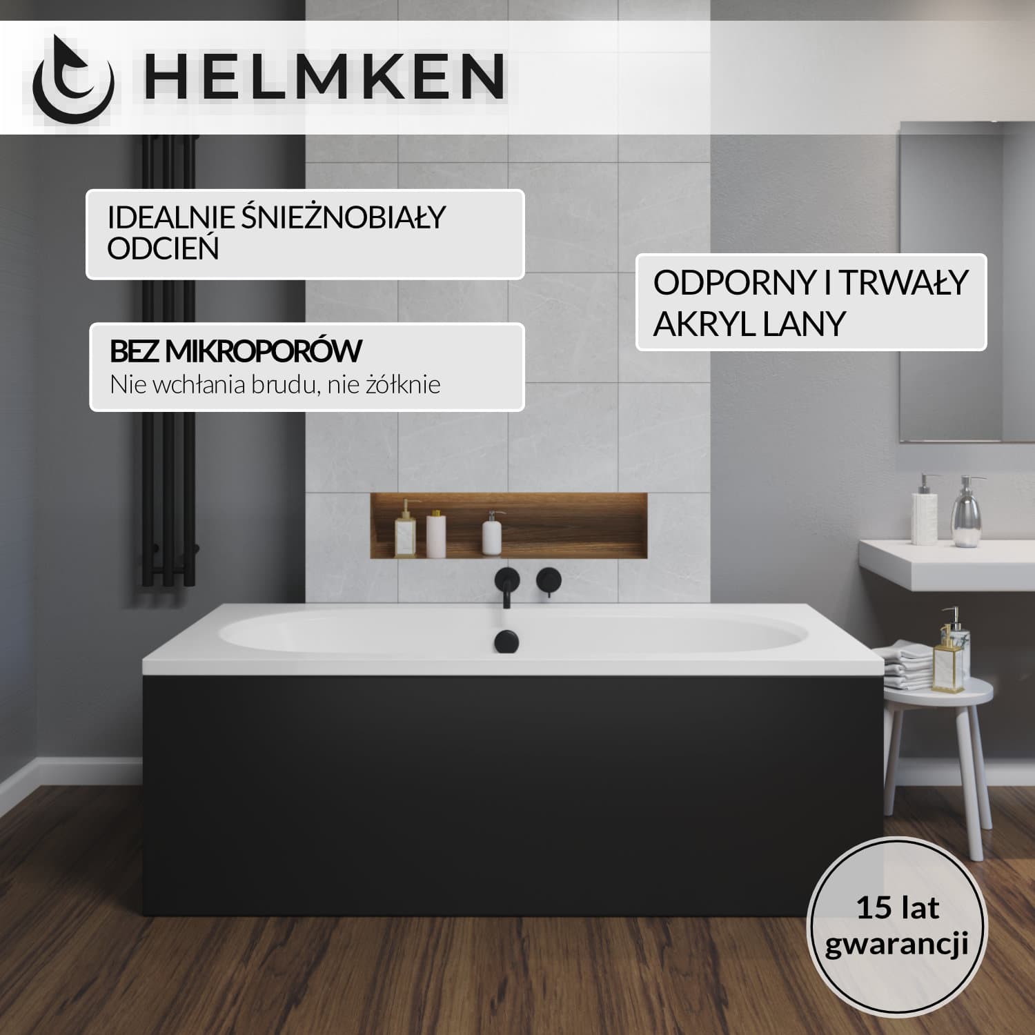 Wanna akrylowa Helmken Vienna 170 х 75 + Panel czarny + Nóżki / 23099003