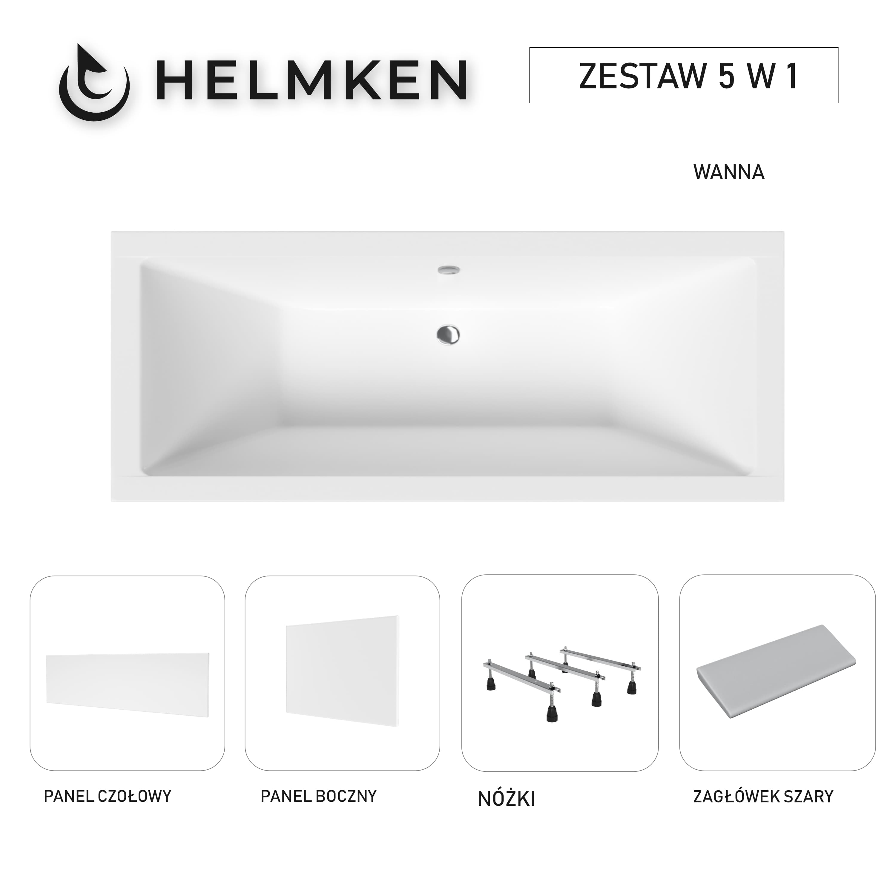 Wanna akrylowa Helmken Alvaro 165 x 75 + Panel czołowy i boczny Biały + Zagłówek szary + Nóżki / 23096002ZW