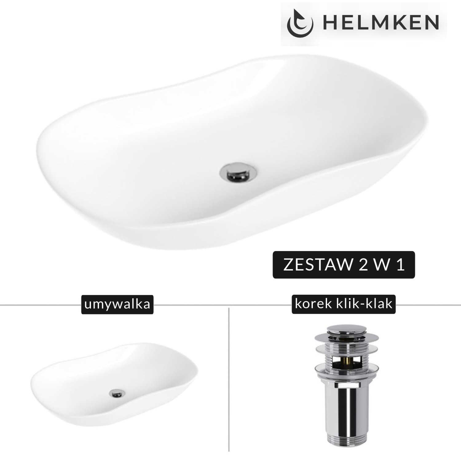 Umywalka nablatowa Helmken 57066000 (66x41) Biała + Korek klik-klak Chrom