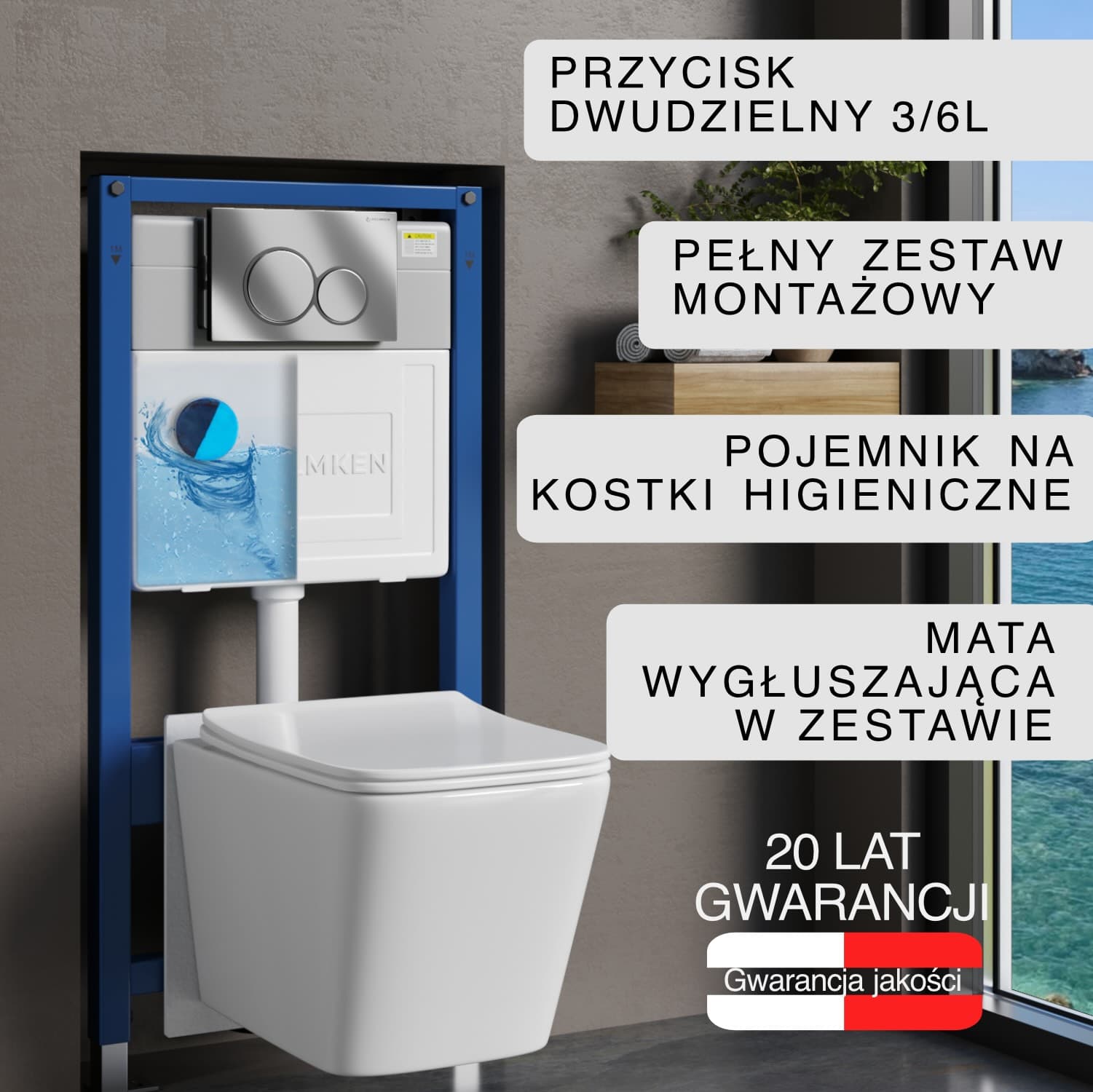 Stelaż podtynkowy WC Helmken 35120001 Zestaw 6w1: Przycisk Chrom (E), Miska bezkołnierzowa Rimless, Deska wolnoopadająca, Pojemnik na kostki higieniczne, Mata
