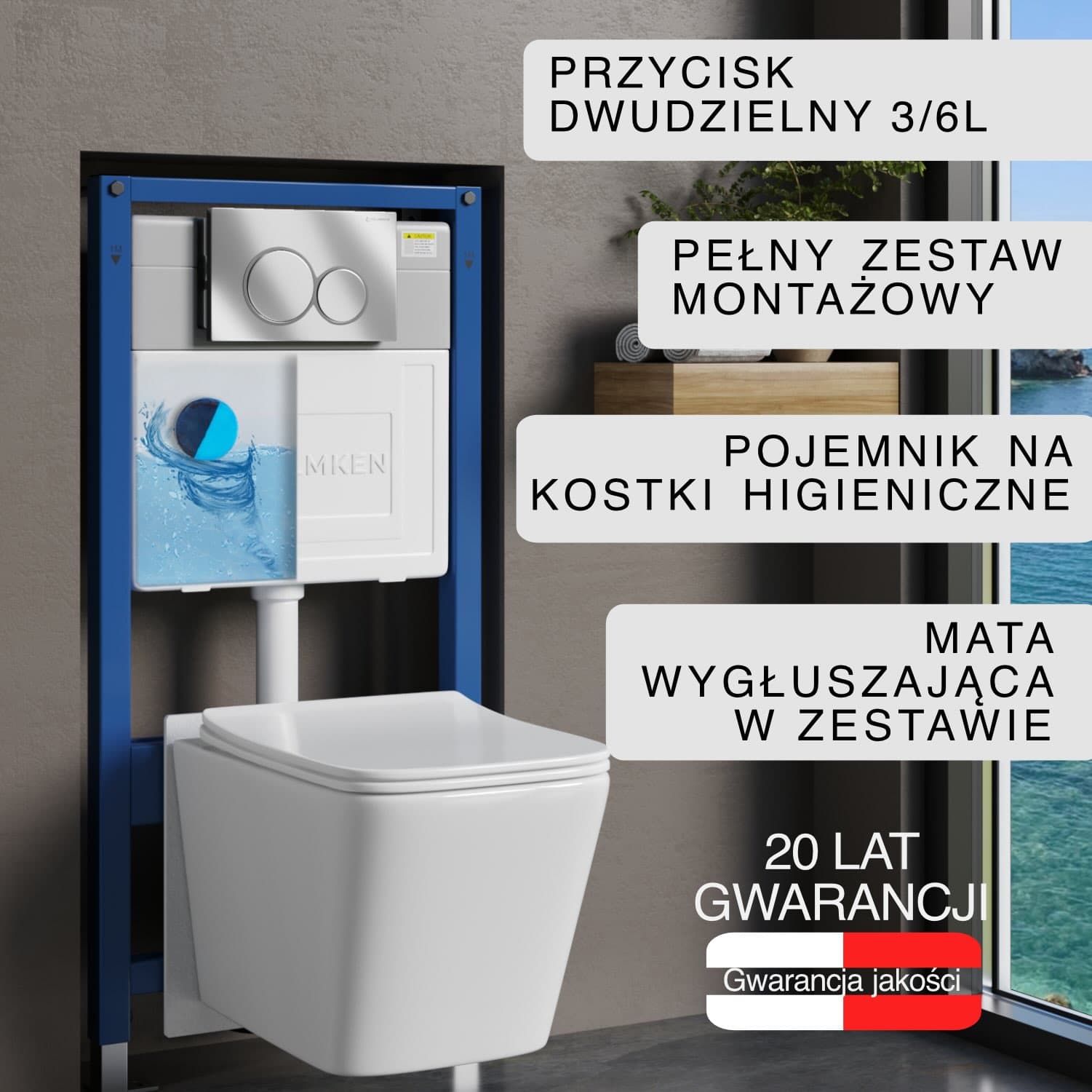 Stelaż podtynkowy WC Helmken 35120001 Zestaw 6w1: Przycisk Satуna (E), Miska bezkołnierzowa Rimless, Deska wolnoopadająca, Pojemnik na kostki higieniczne, Mata