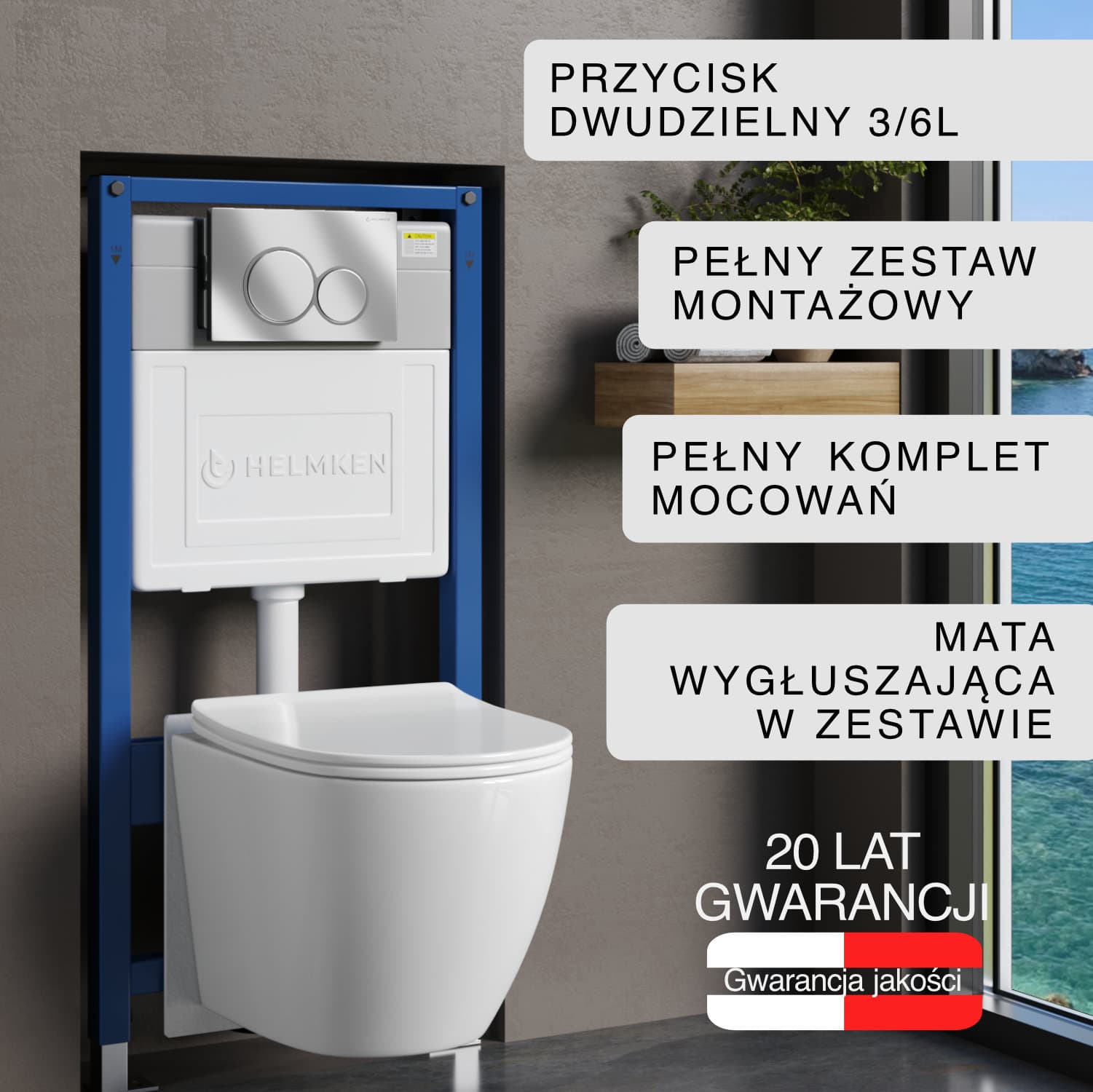 Zestaw podtynkowy WC Helmken 5w1: Przycisk Satyna (E), Miska bezkołnierzowa Rimless 35490101, Deska wolnoopadająca, Mata