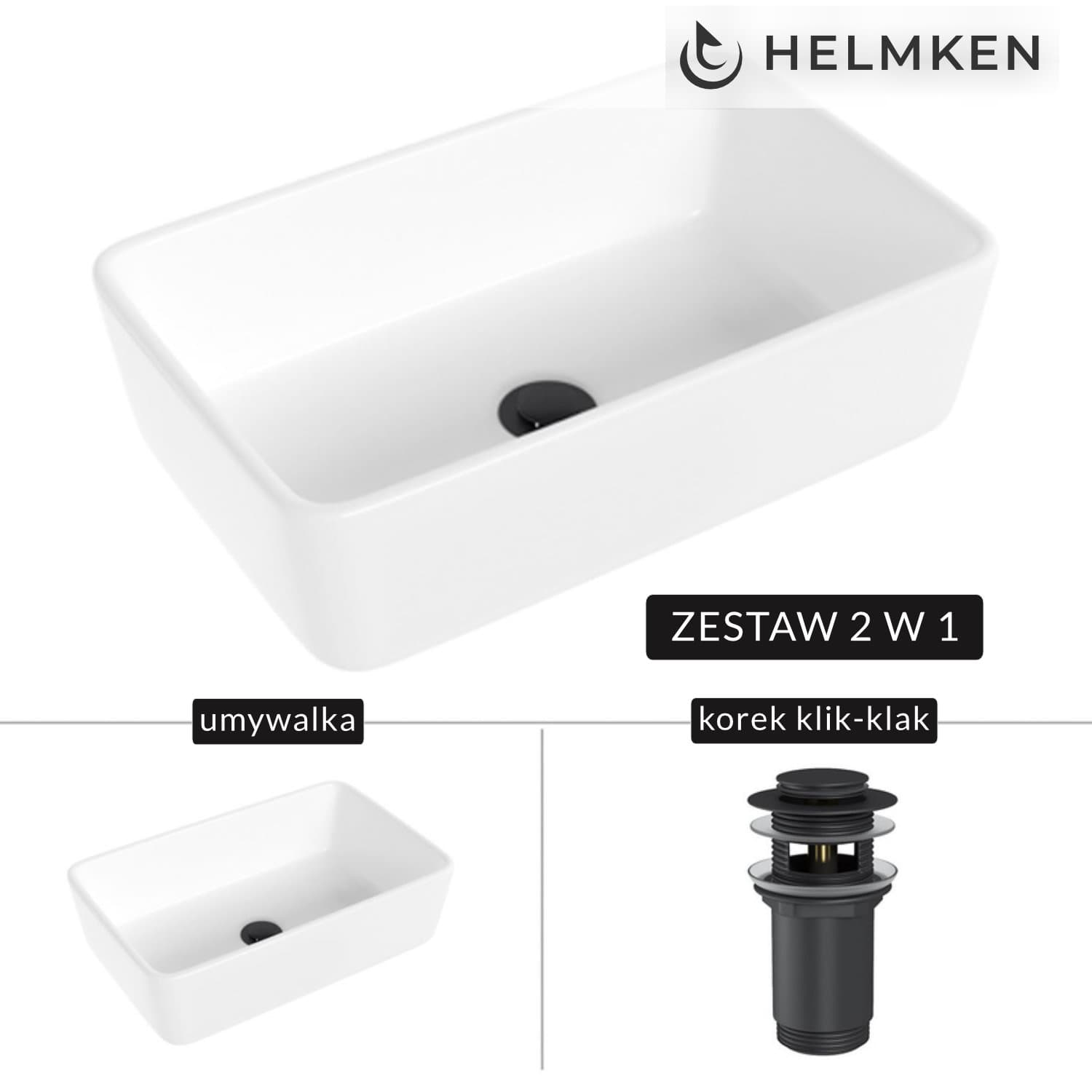 Umywalka nablatowa Helmken 67448000 (48x29.5) Biała + Korek klik-klak Czarny Mat