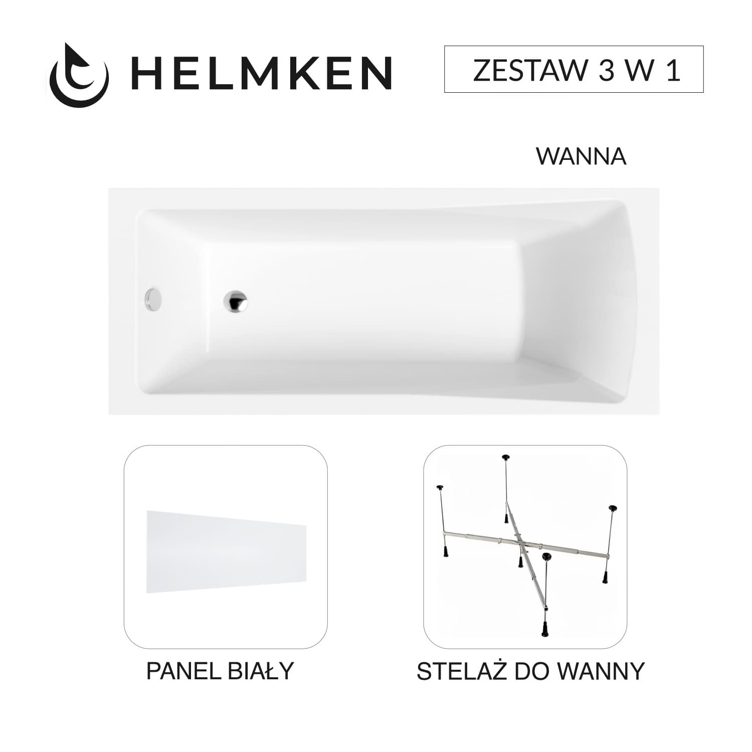 Wanna akrylowa Helmken Aurora 140x70 + Panel Biały + Stelaż uniwersalny do wanien Helmken 21230020 / 35010040-3S