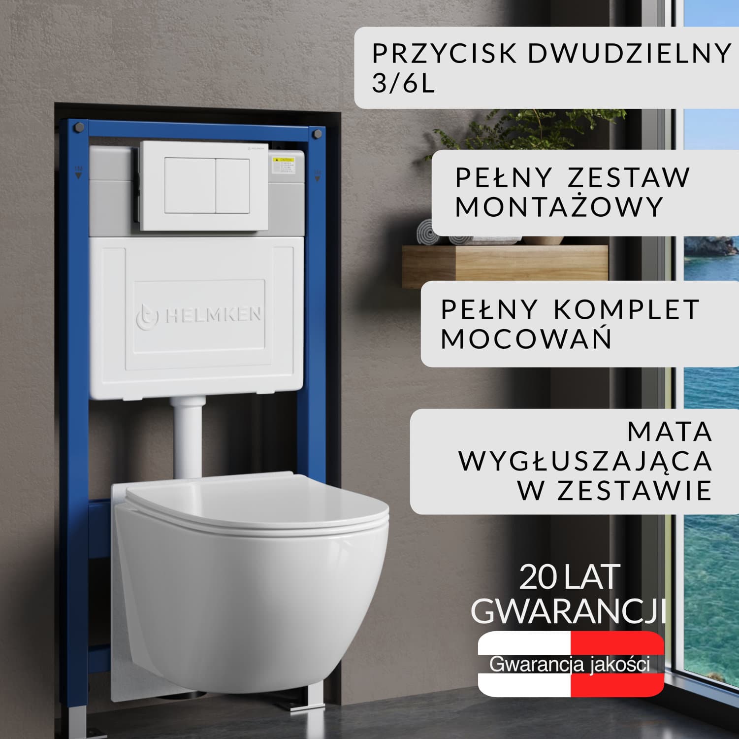 Zestaw podtynkowy WC Helmken 5w1: Stelaż, Biały Przycisk(J), Miska bezkołnierzowa Rimless 35103001B (Biała), Deska wolnoopadająca, Mata