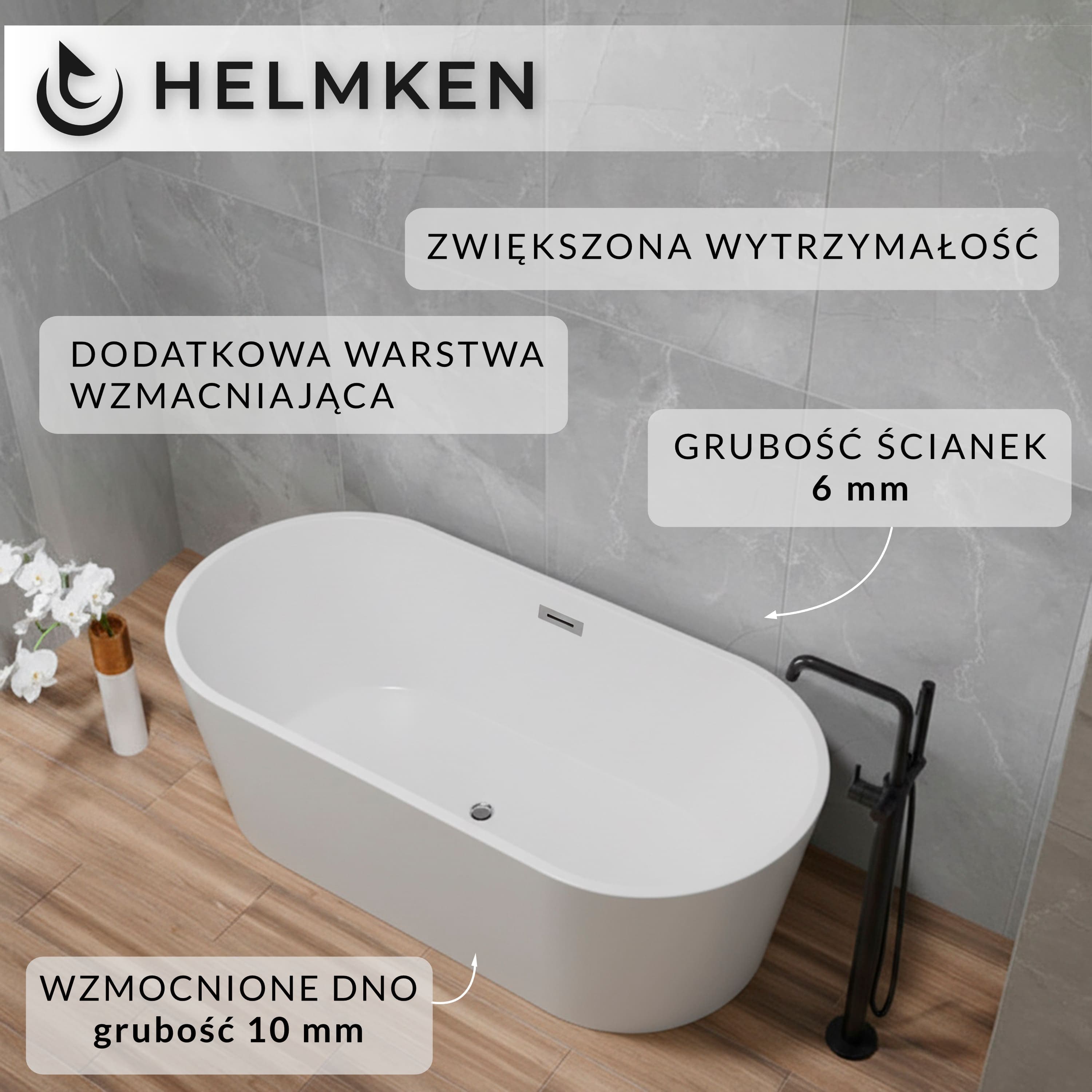 Wanna wolnostojąca akrylowa Helmken Luminara 170 x 80 + Nóżki + Syfon z korkiem klik-klak / 31260170