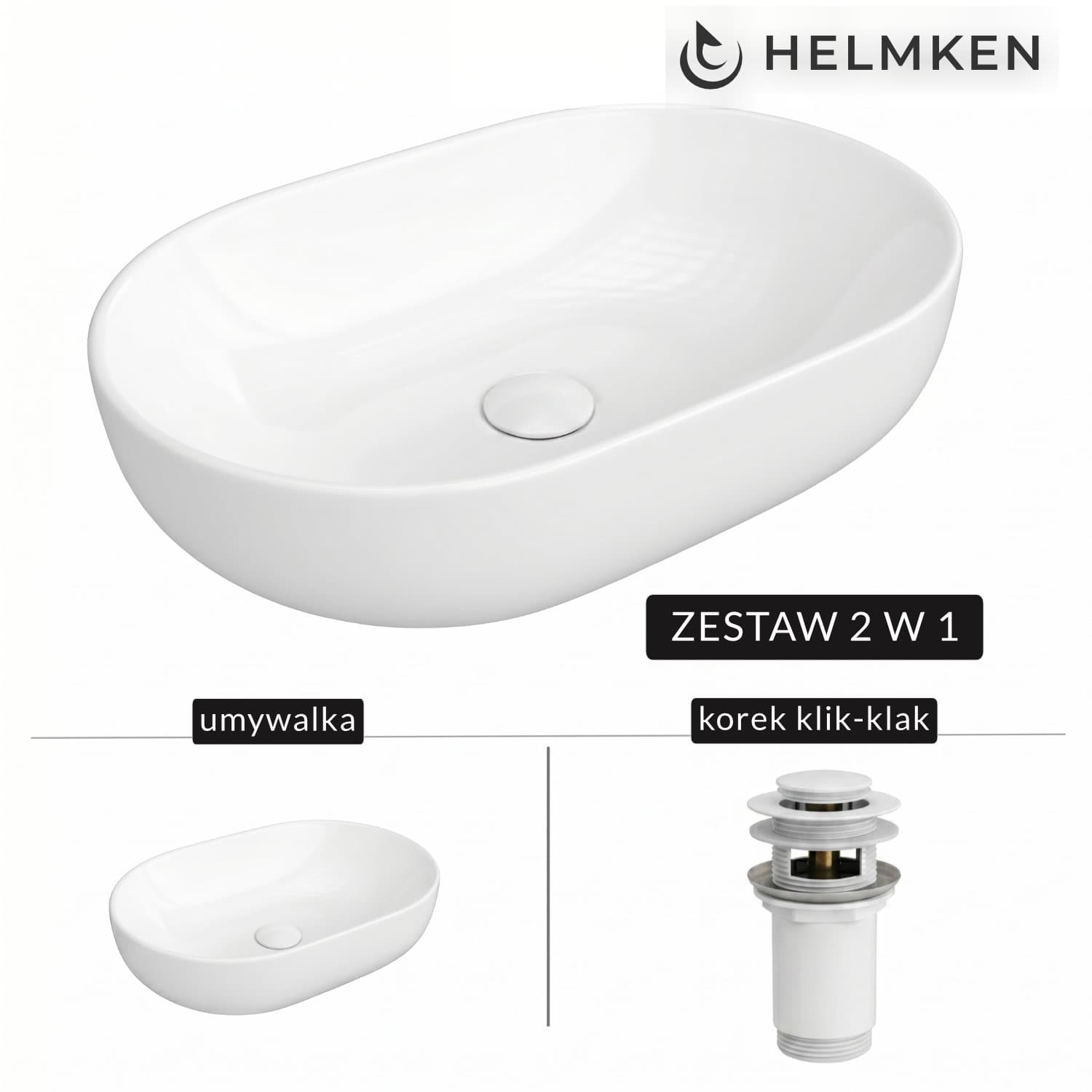 Umywalka nablatowa Helmken 83660000 (60x42.5) Biała + Korek klik-klak Biały