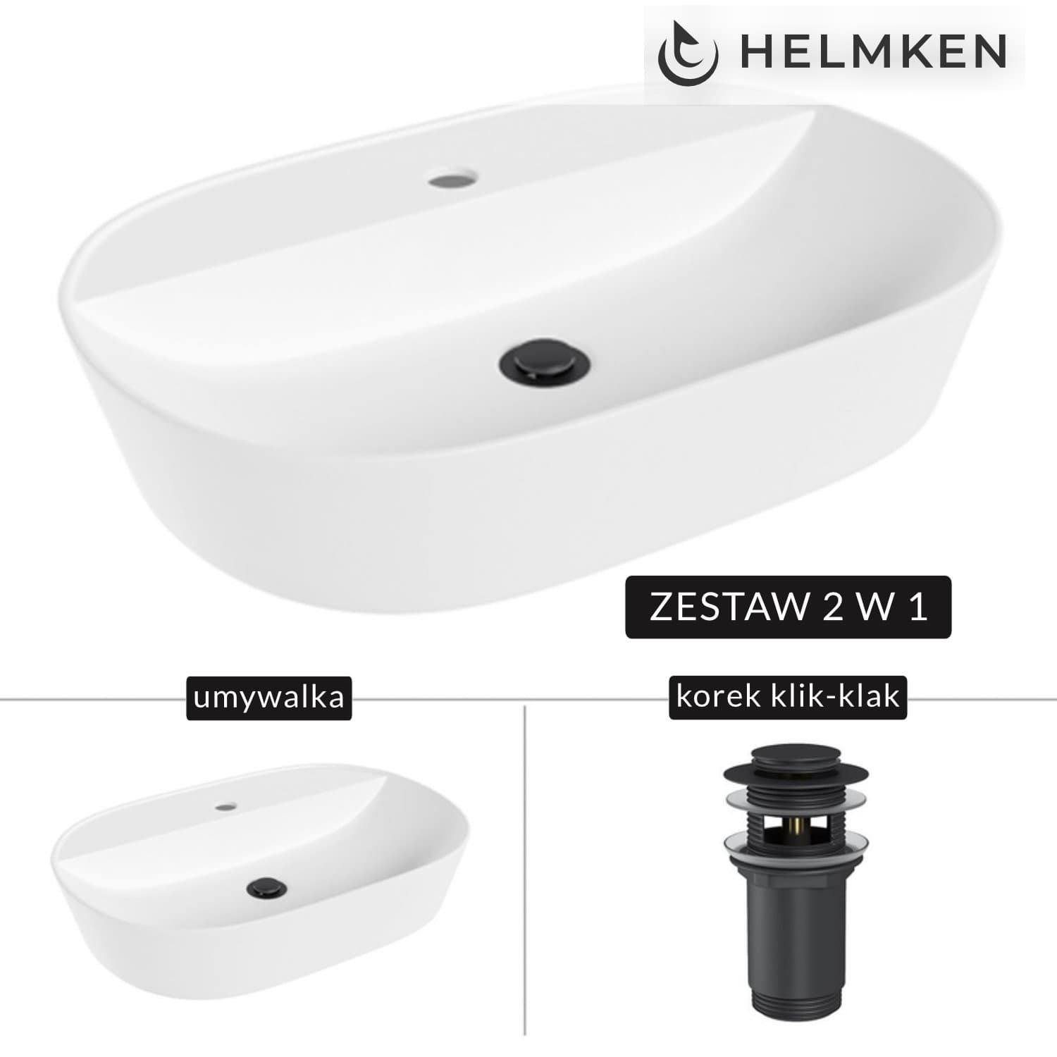 Umywalka nablatowa Helmken 46060000 (60x40) Biała + Korek klik-klak Czarny Mat
