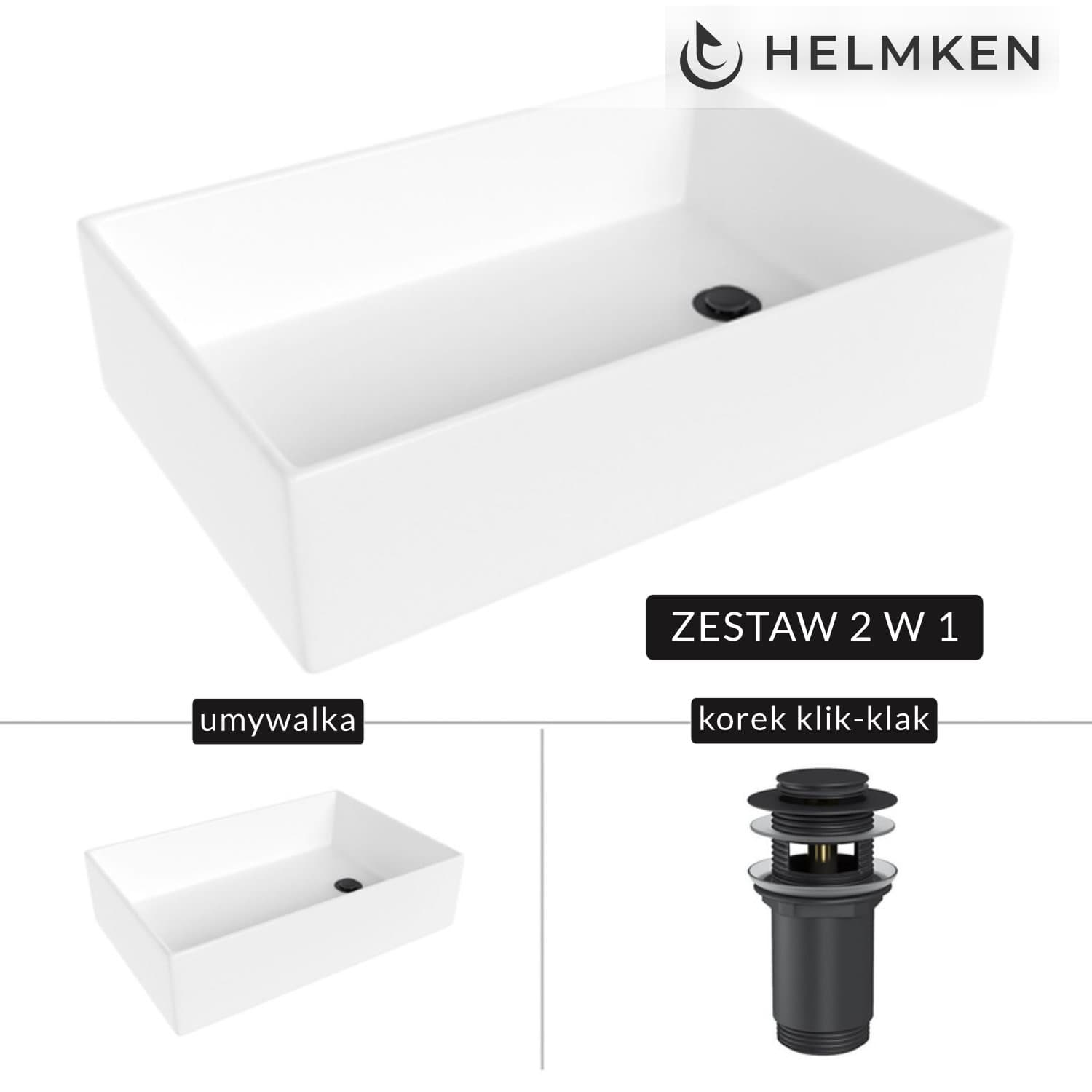Umywalka nablatowa Helmken 51861000 (61x40) Biała + Korek klik-klak Czarny Mat
