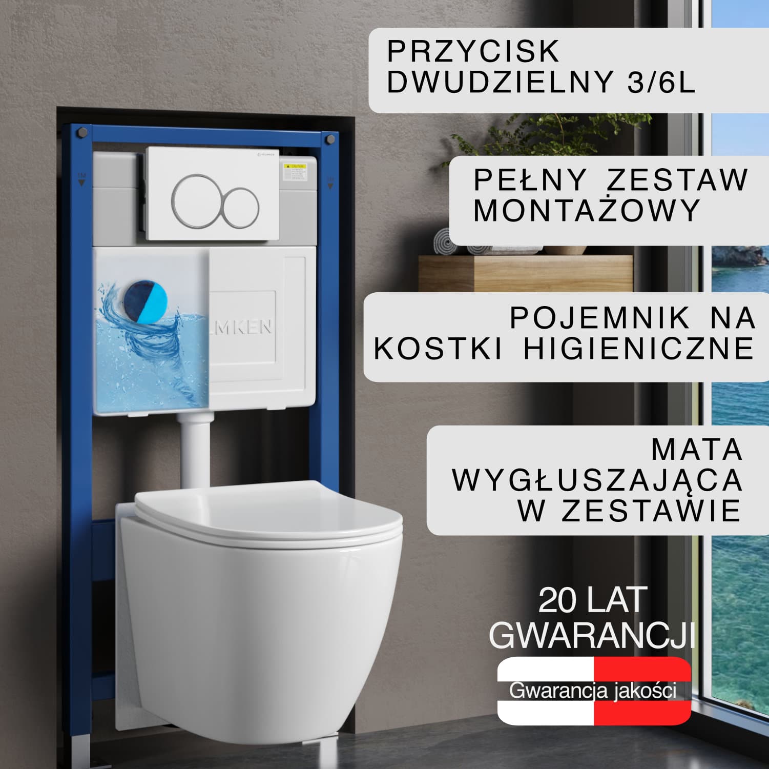 Stelaż podtynkowy WC Helmken 35490101 Zestaw 6w1: Przycisk Biały (E), Miska bezkołnierzowa Rimless, Deska wolnoopadająca, Pojemnik na kostki higieniczne, Mata