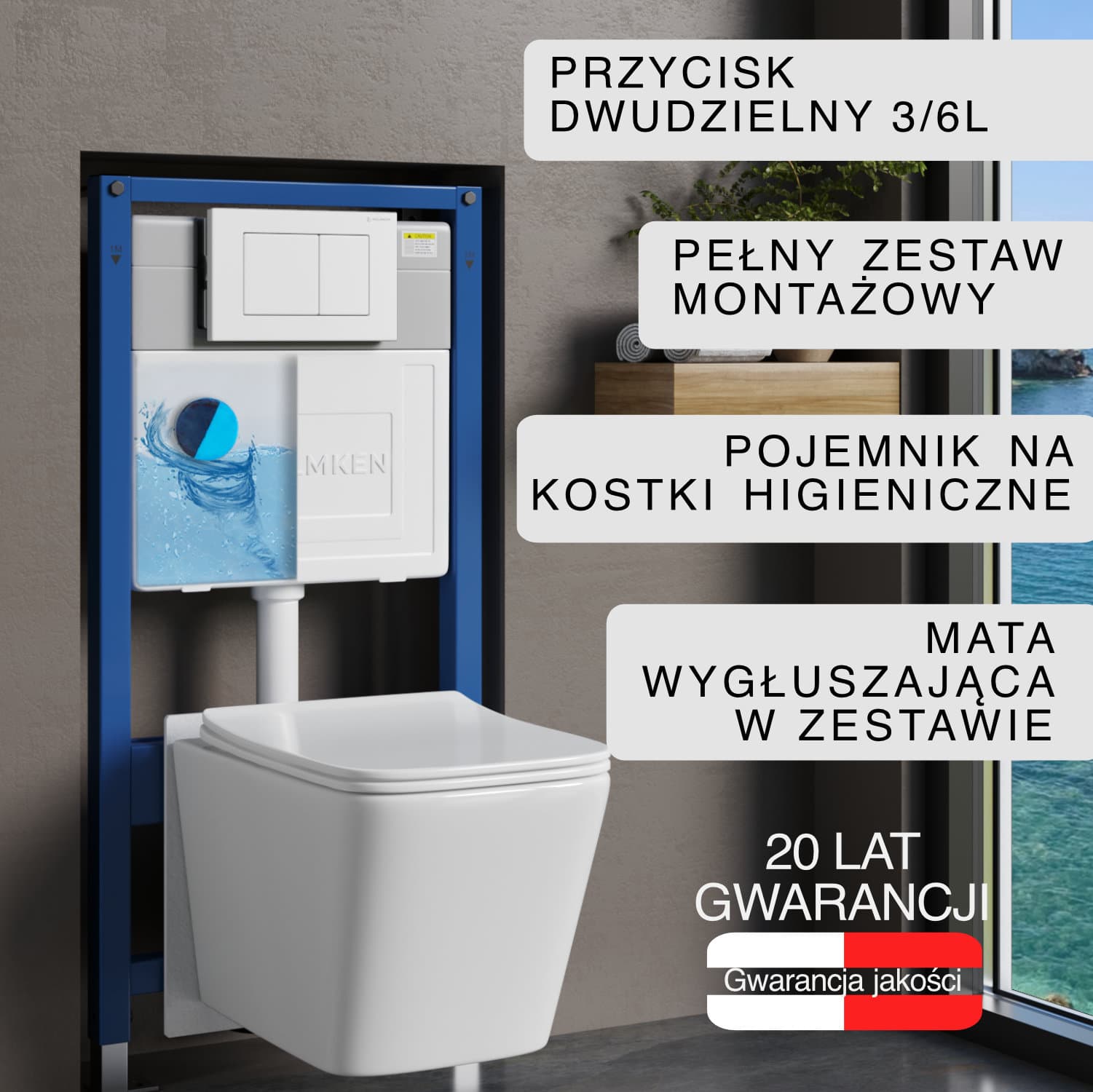 Stelaż podtynkowy WC Helmken 35120001 Zestaw 6w1: Przycisk Biały (J), Miska bezkołnierzowa Rimless, Deska wolnoopadająca, Pojemnik na kostki higieniczne, Mata