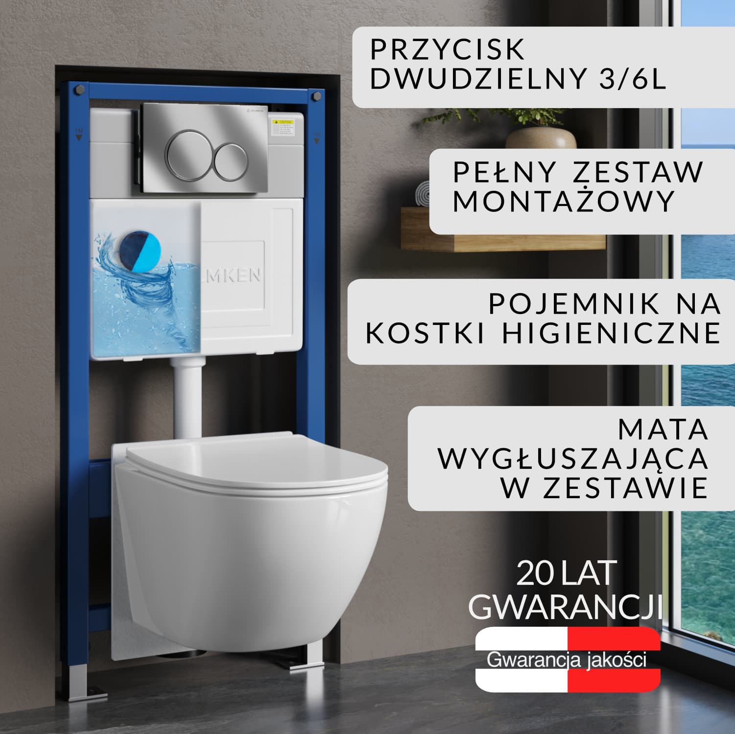 Zestaw podtynkowy WC Helmken 6w1: Stelaż, Chrom (E) Przycisk, Miska bezkołnierzowa Rimless 35103001, Deska wolnoopadająca, Pojemnik na kostki higieniczne, Mata
