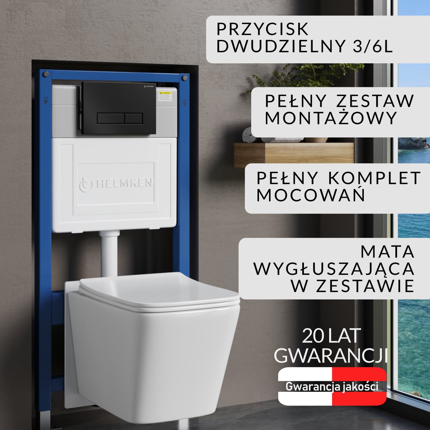 Zestaw podtynkowy WC Helmken 5w1: Stelaż, Czarny Mat Przycisk HD, Miska bezkołnierzowa Rimless 35120001, Deska wolnoopadająca, Mata