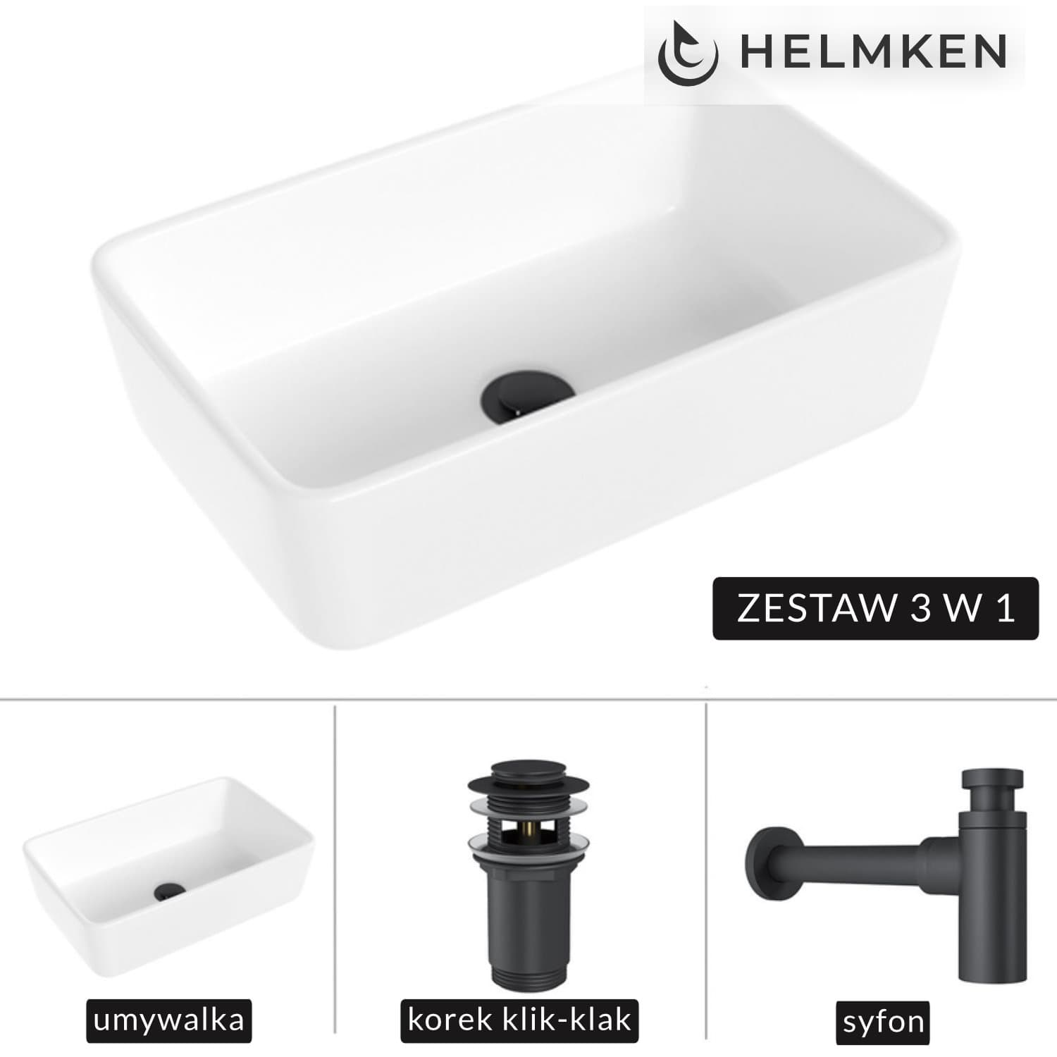 Umywalka nablatowa Helmken 67448000 (48x29.5) Biała + Syfon Czarny Mat + Korek klik-klak Czarny Mat