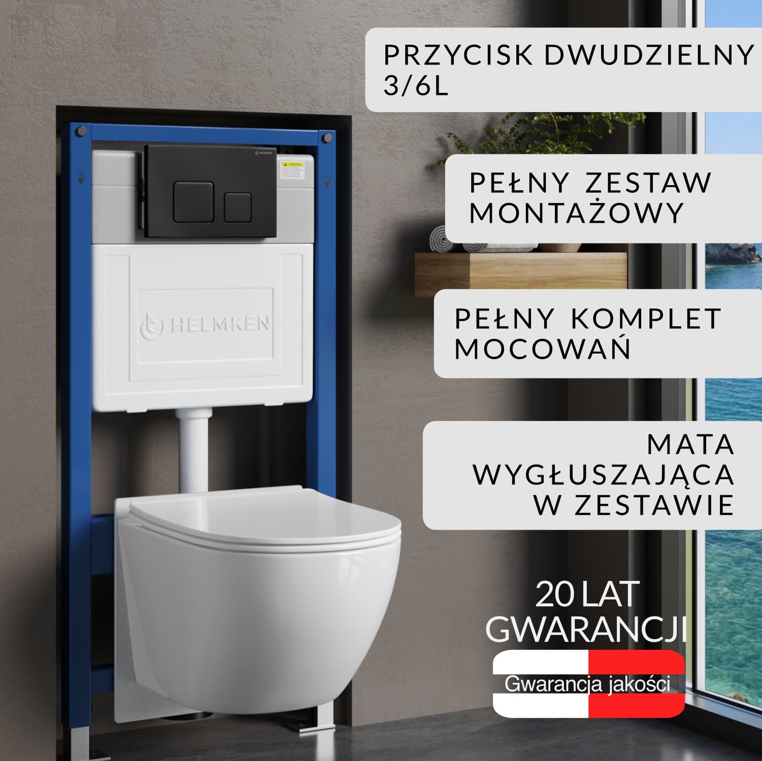 Zestaw podtynkowy WC Helmken 5w1: Stelaż, Czarny Mat Przycisk(F), Miska bezkołnierzowa Rimless 35103001 (Biała), Deska wolnoopadająca, Mata