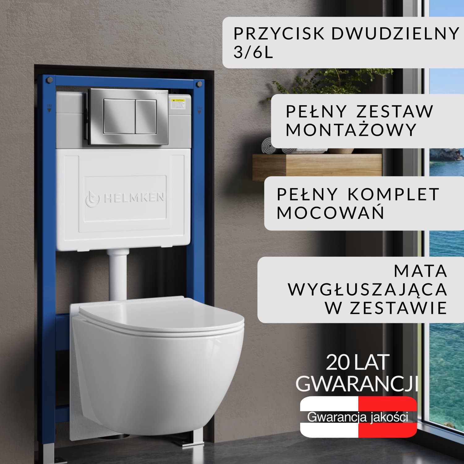 Zestaw podtynkowy WC Helmken 5w1: Stelaż, Chrom Przycisk(J), Miska bezkołnierzowa Rimless 35103001B (Biała), Deska wolnoopadająca, Mata