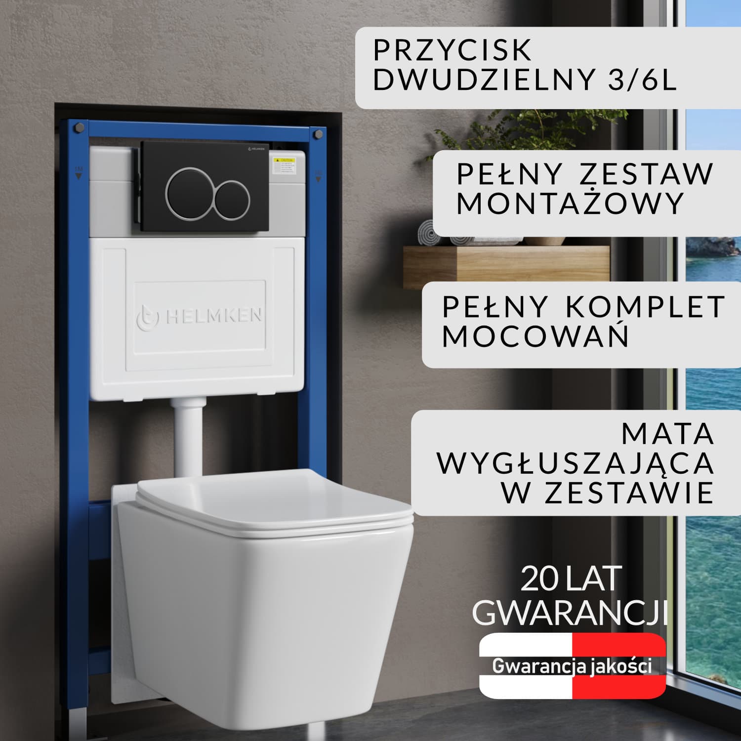Zestaw podtynkowy WC Helmken 5w1: Stelaż, Czarny Mat Przycisk, Miska bezkołnierzowa Rimless 35120001, Deska wolnoopadająca, Mata