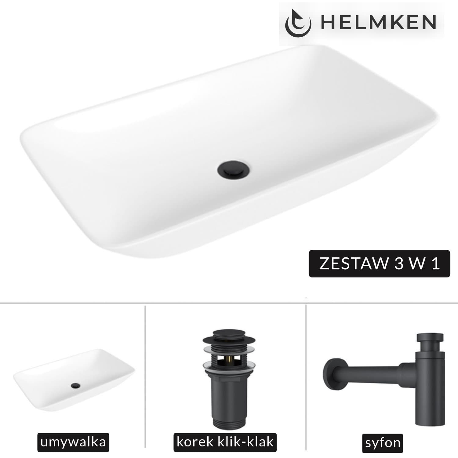 Umywalka nablatowa Helmken 88670000 (70x40) Biała + Syfon Czarny Mat + Korek klik-klak Czarny Mat