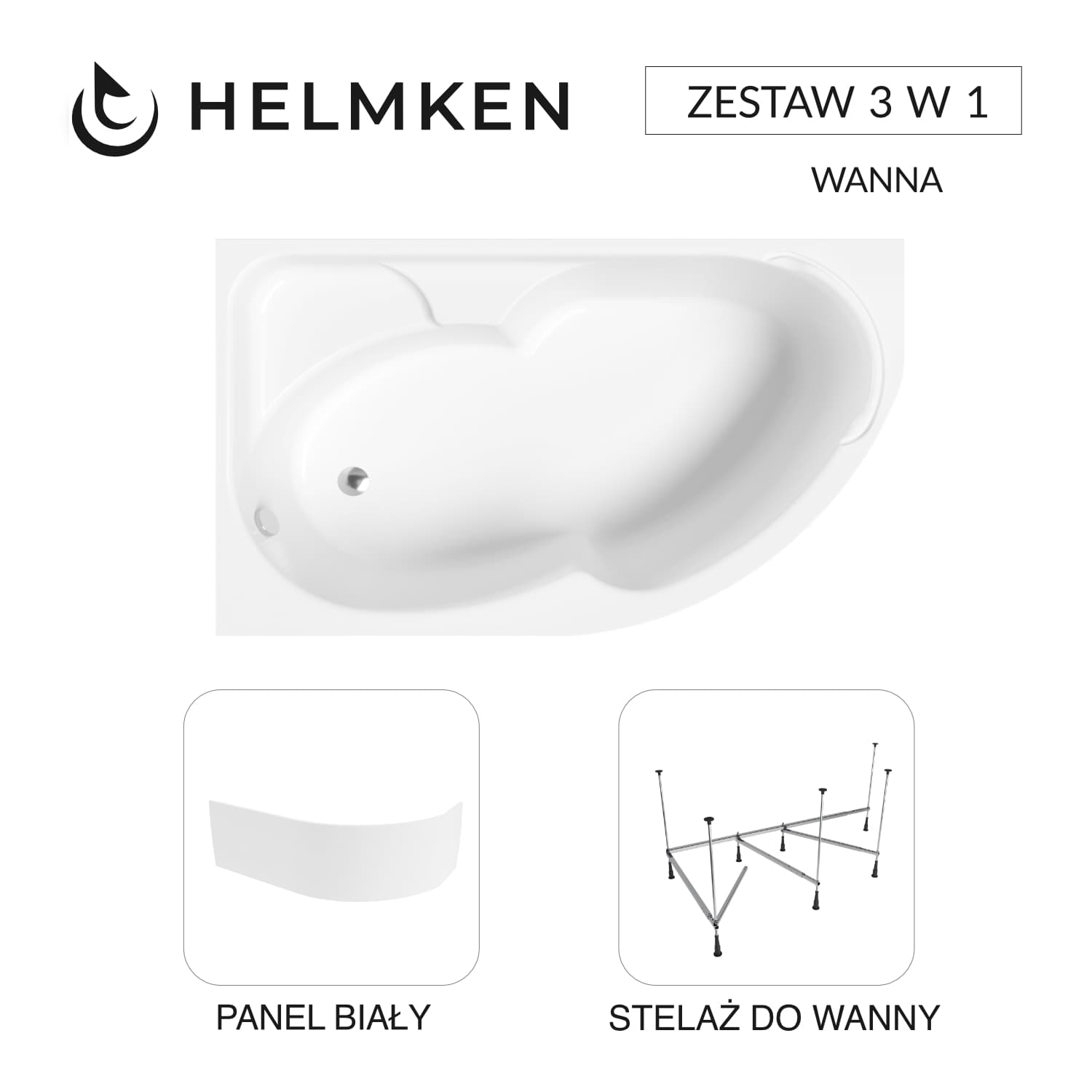 Wanna asymetryczna Helmken Geneva 170x105 Lewa + Panel Biały + Stelaż do wanny 21013-101 / 3503170L-3S