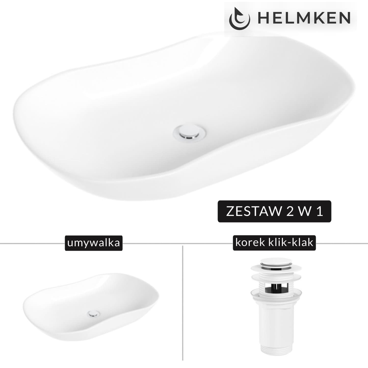 Umywalka nablatowa Helmken 57066000 (66x41) Biała + Korek klik-klak Biały