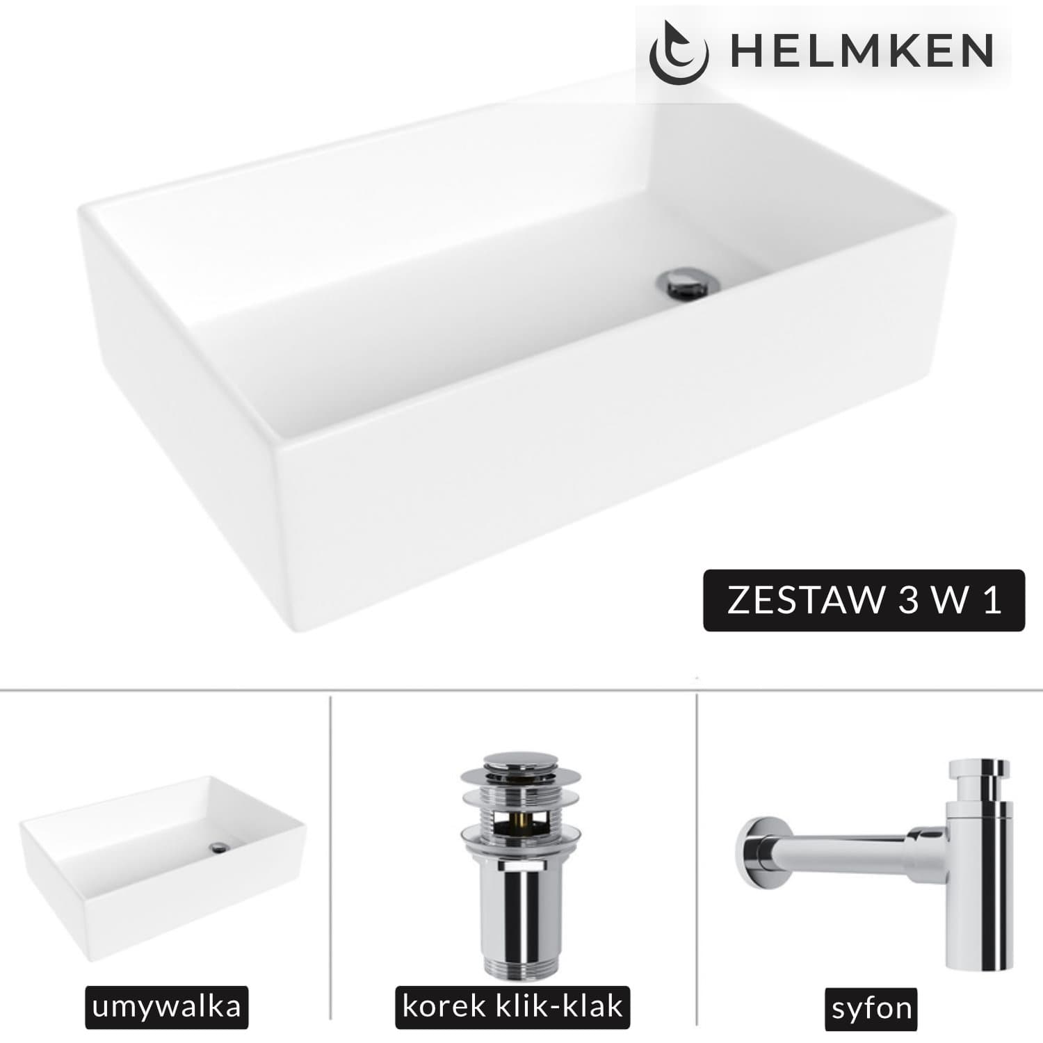 Umywalka nablatowa Helmken 51861000 (61x40) Biała + Syfon Chrom + Korek klik-klak Chrom