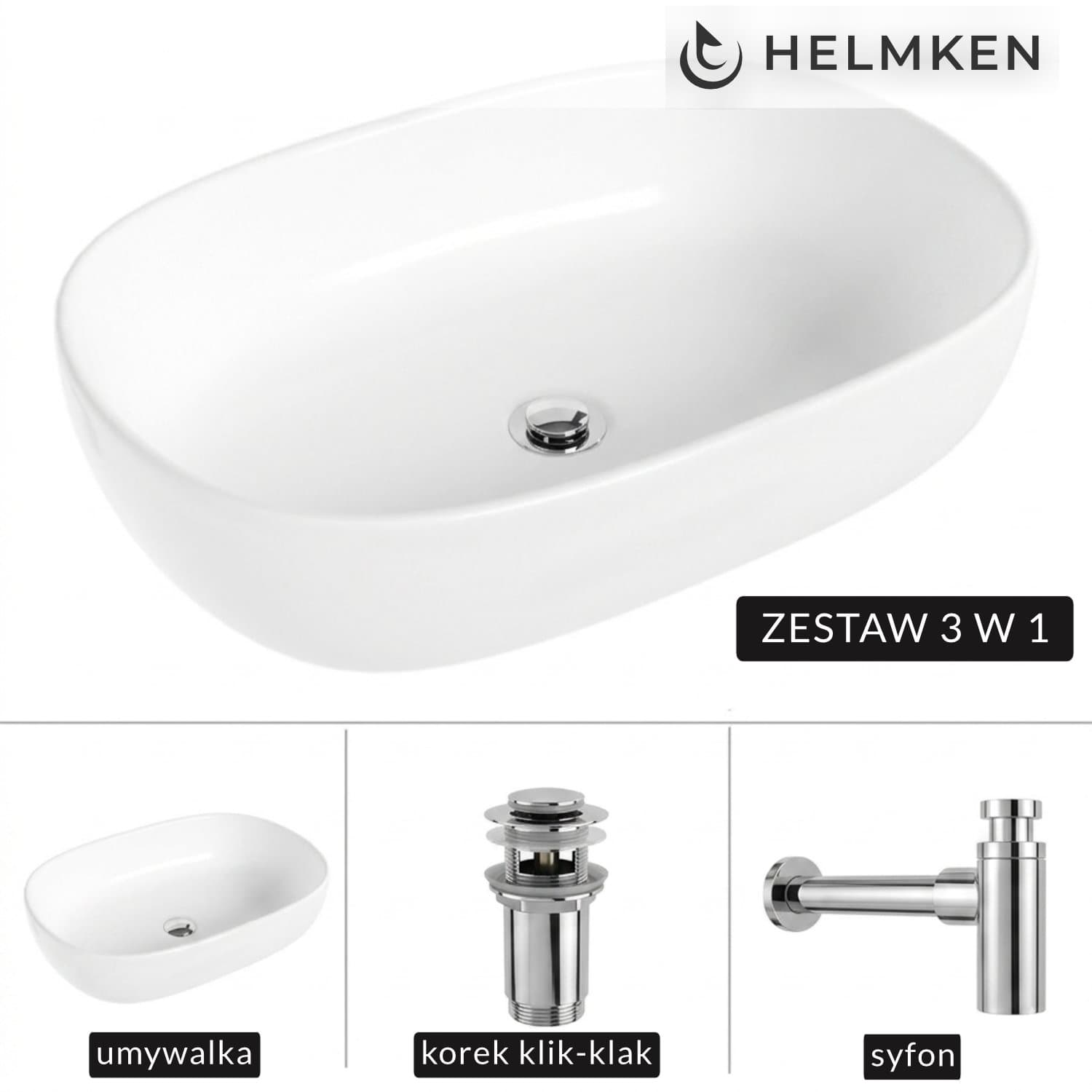 Umywalka nablatowa Helmken 83660000 (60x42.5) Biała + Syfon Chrom + Korek klik-klak Chrom