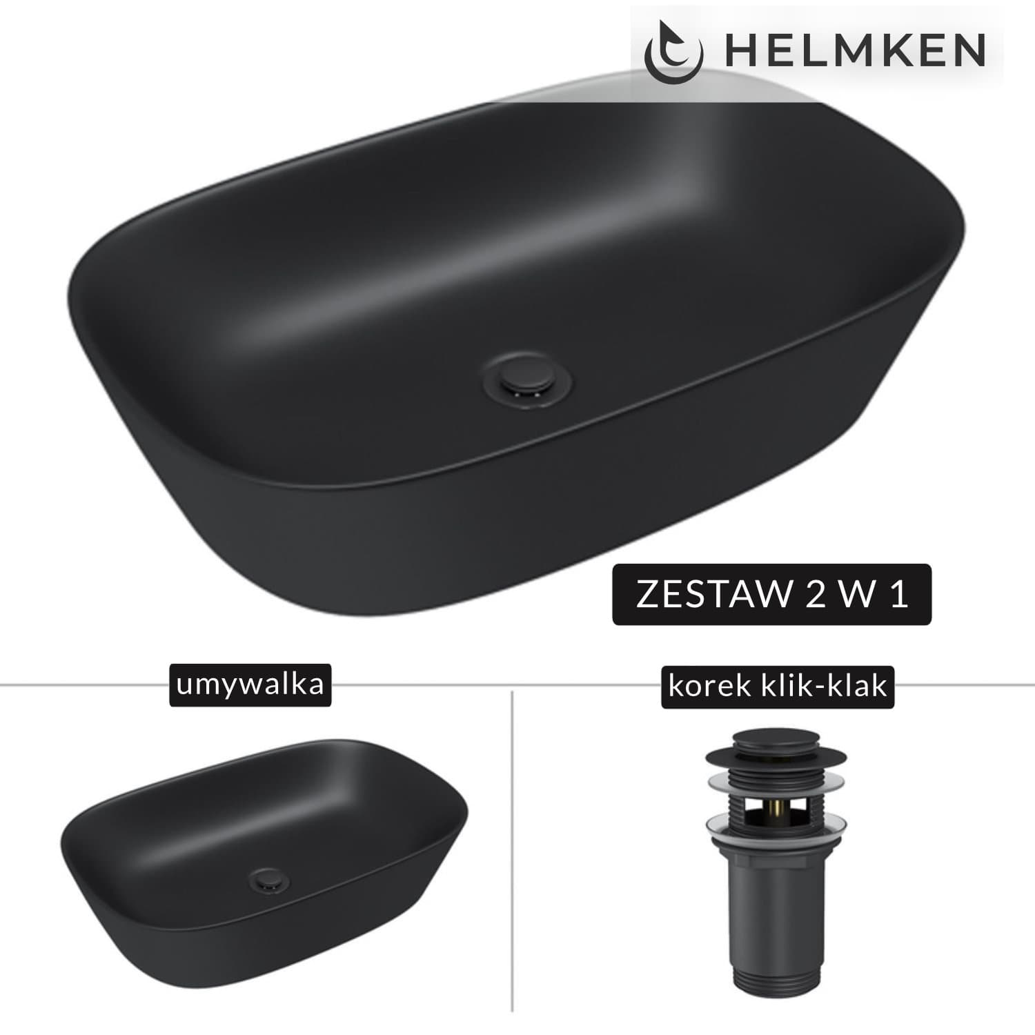 Umywalka nablatowa Helmken 39360001 (60x38) Czarna + Korek klik-klak Czarny Mat