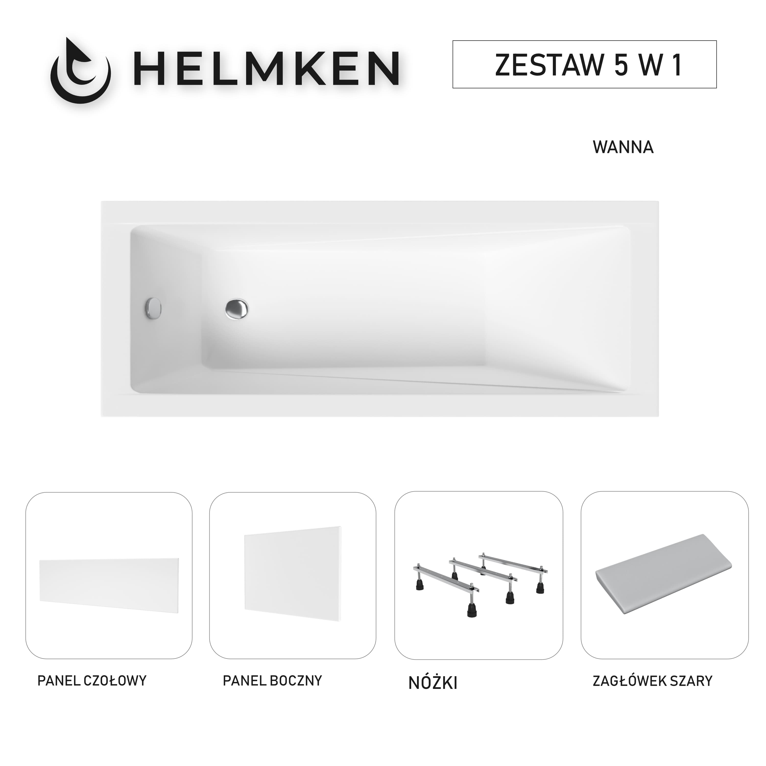 Wanna akrylowa Helmken Rivana 170 x 70 + Panel czołowy i boczny Biały + Zagłówek szary + Nóżki / 23095006ZW