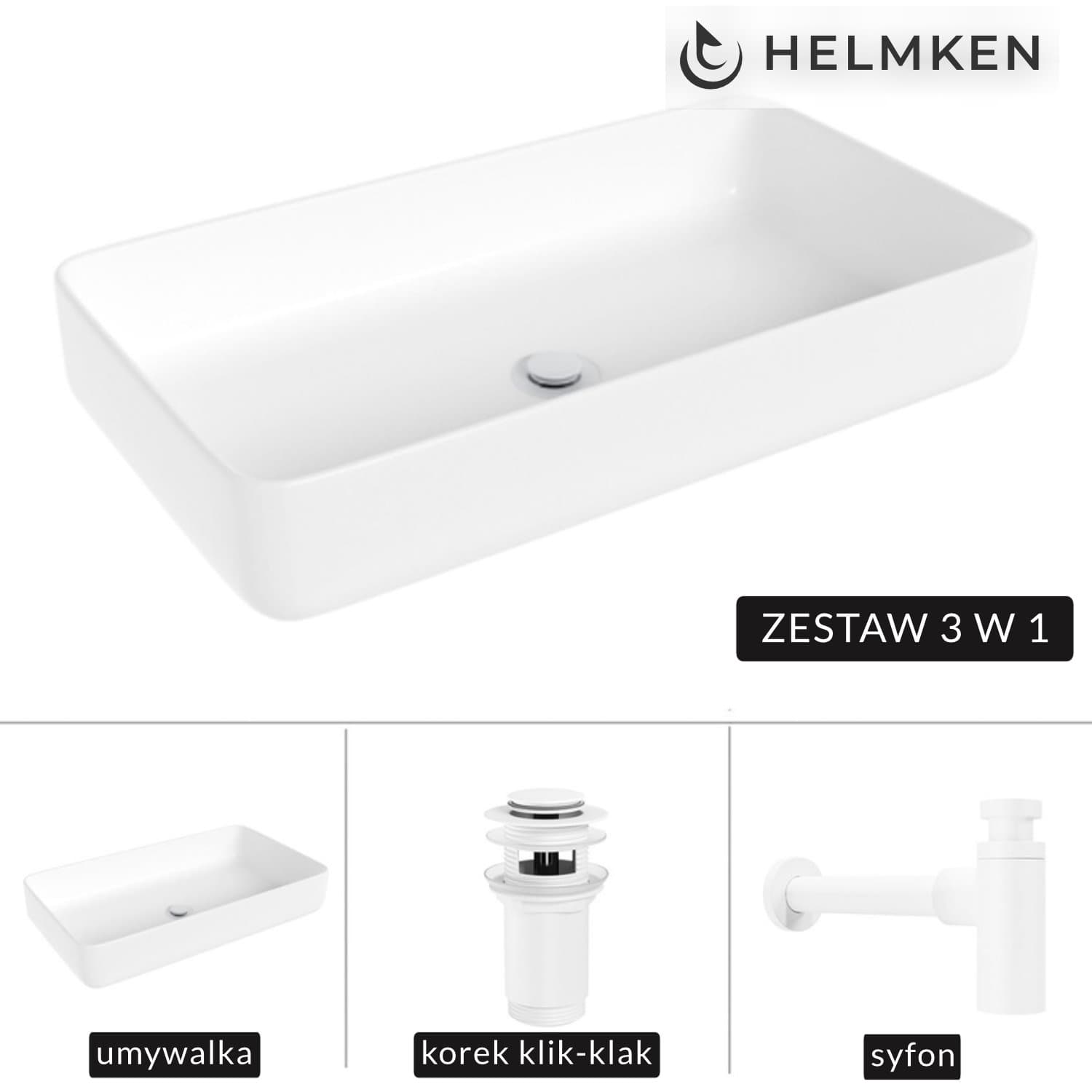 Umywalka nablatowa Helmken 48760000 (60x34) Biała + Syfon Biały + Korek klik-klak Biały
