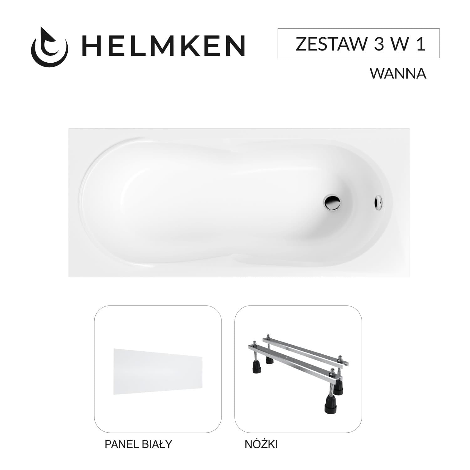Wanna akrylowa Helmken Celeste 150x70 z akrylu lanego ze wzmocnionym korpusem + Panel biały + Nóżki / 37060050