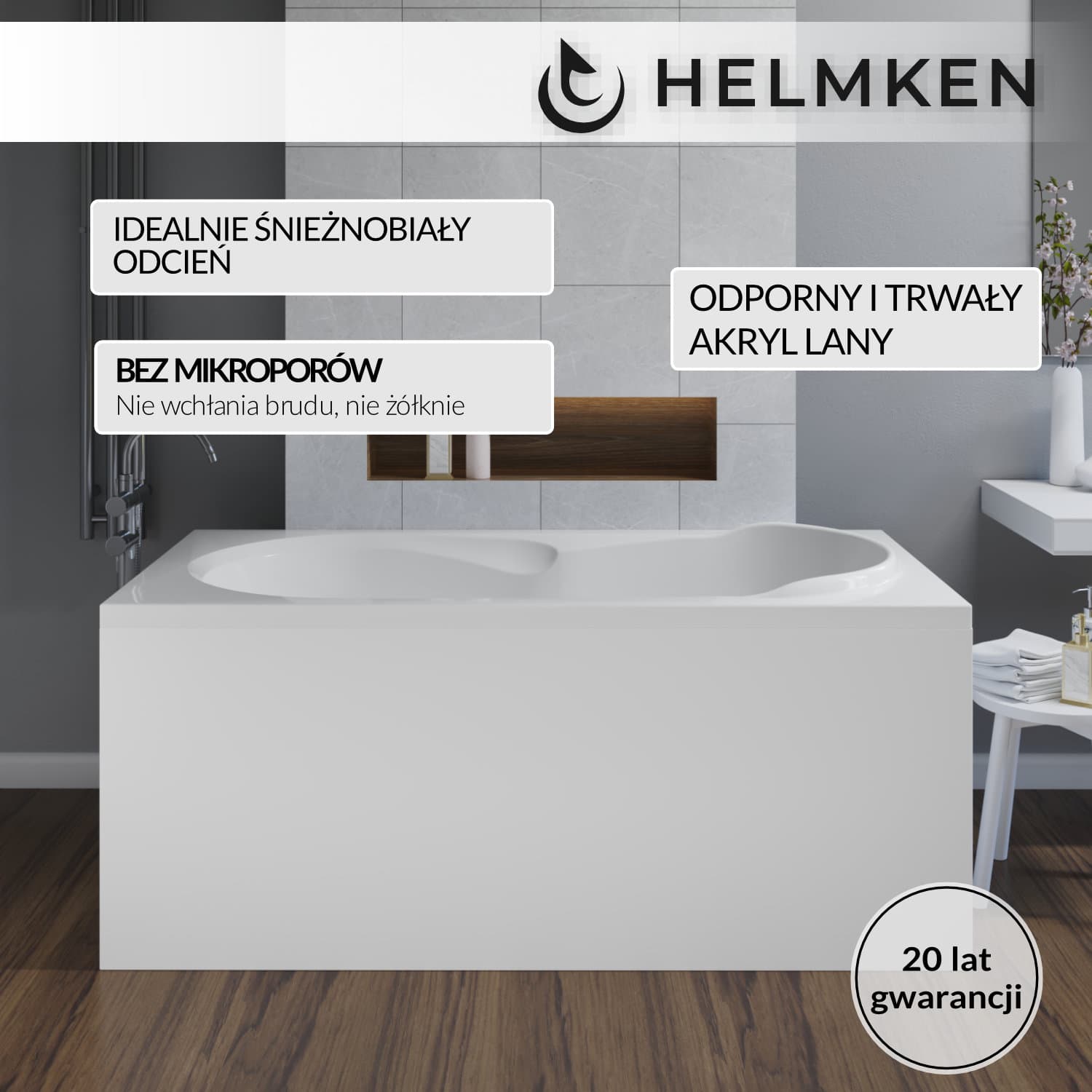 Wanna akrylowa Helmken Celeste 170x75 + Panel Biały + Stelaż uniwersalny do wanien Helmken 21230020 / 35060075-3S