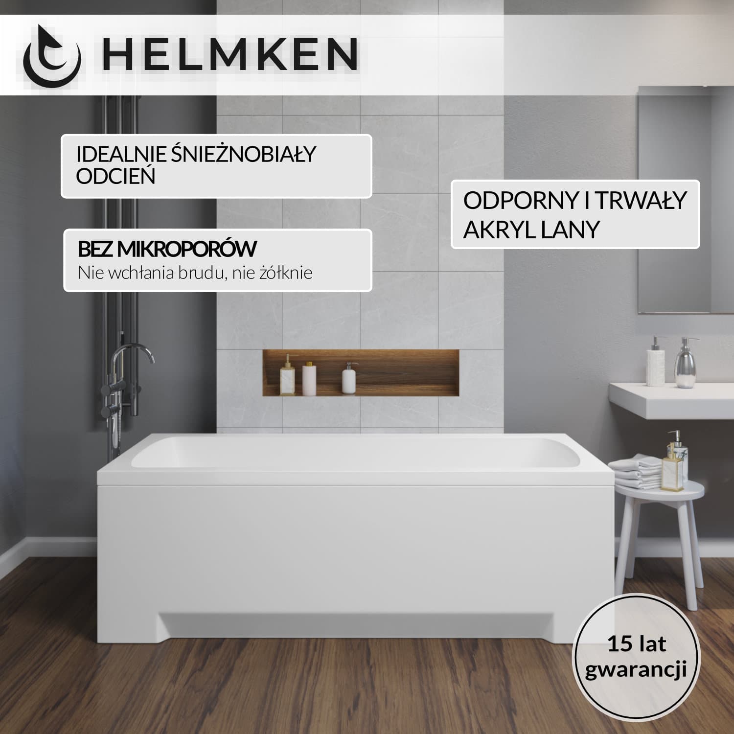 Wanna akrylowa Helmken Luna 170 х 70 + Panel Biały + Stelaż uniwersalny do wanien Helmken 21230020 / 23093004-3S
