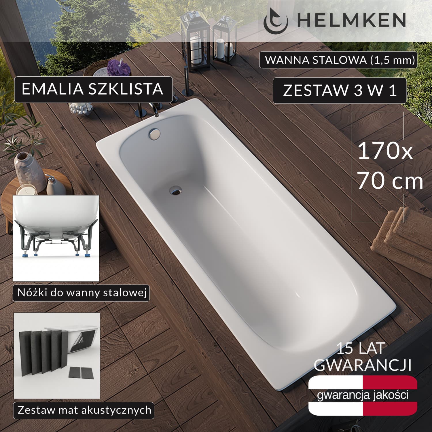 Wanna prostokątna stalowa (1,5 mm) Helmken TIVA 170 / XGB1170, 170 x 70 сm + Nóżki + Zestaw mat akustycznych