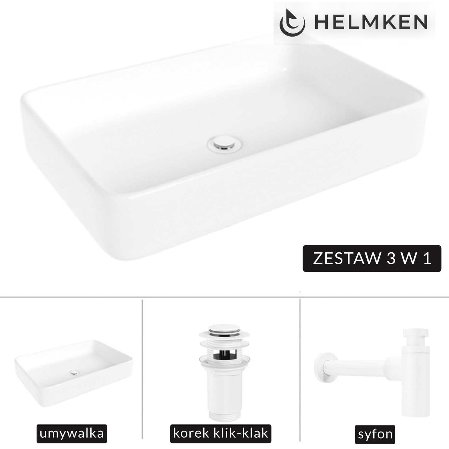 Umywalka nablatowa Helmken 84261000 (61.5x41) Biała + Syfon Biały + Korek klik-klak Biały