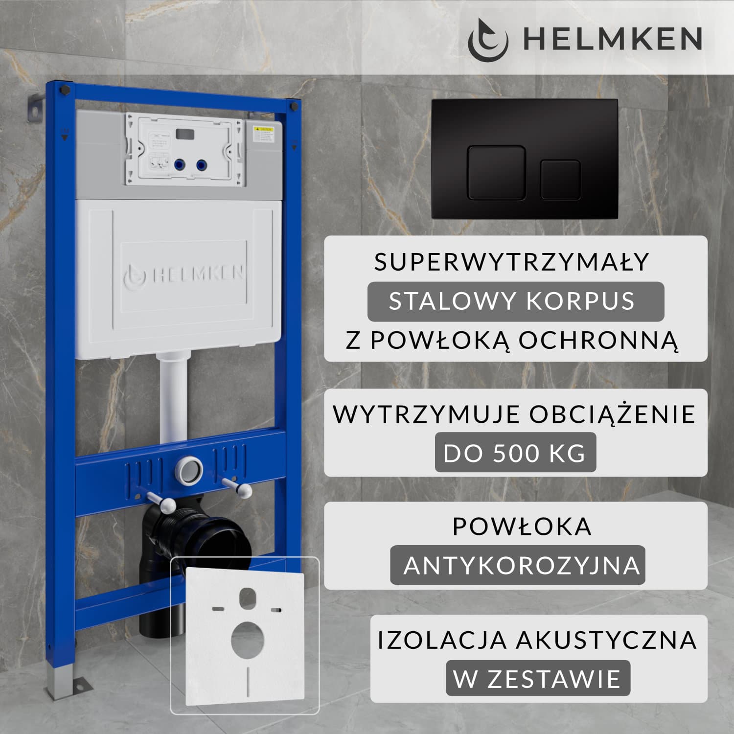 Stelaż podtynkowy WC Helmken Zestaw 3w1: Stelaż podtynkowy, Przycisk Czarny Mat (F) , Mata wygłuszająca