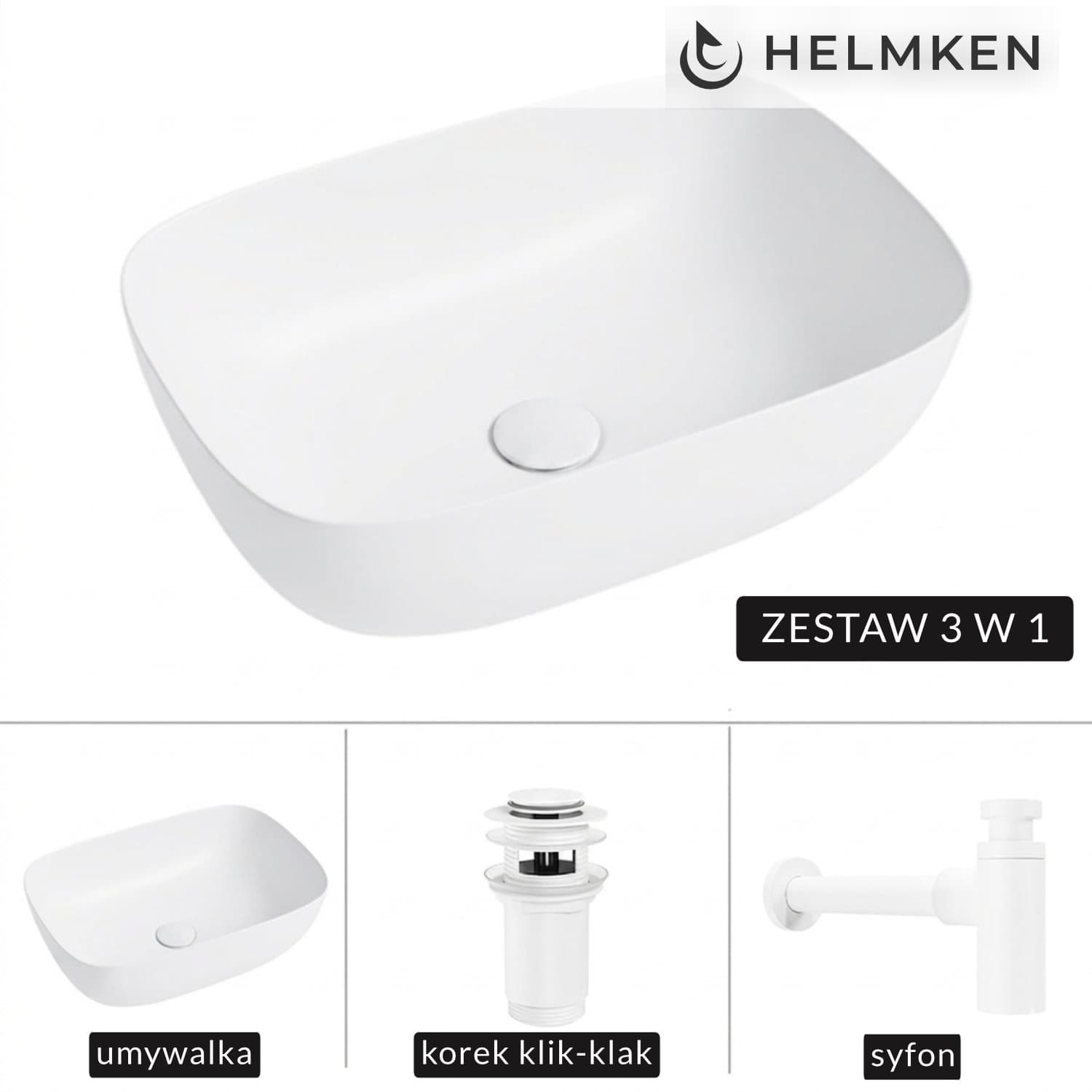 Umywalka nablatowa Helmken 49346000 (46x32) Biała + Syfon Biały + Korek klik-klak Biały