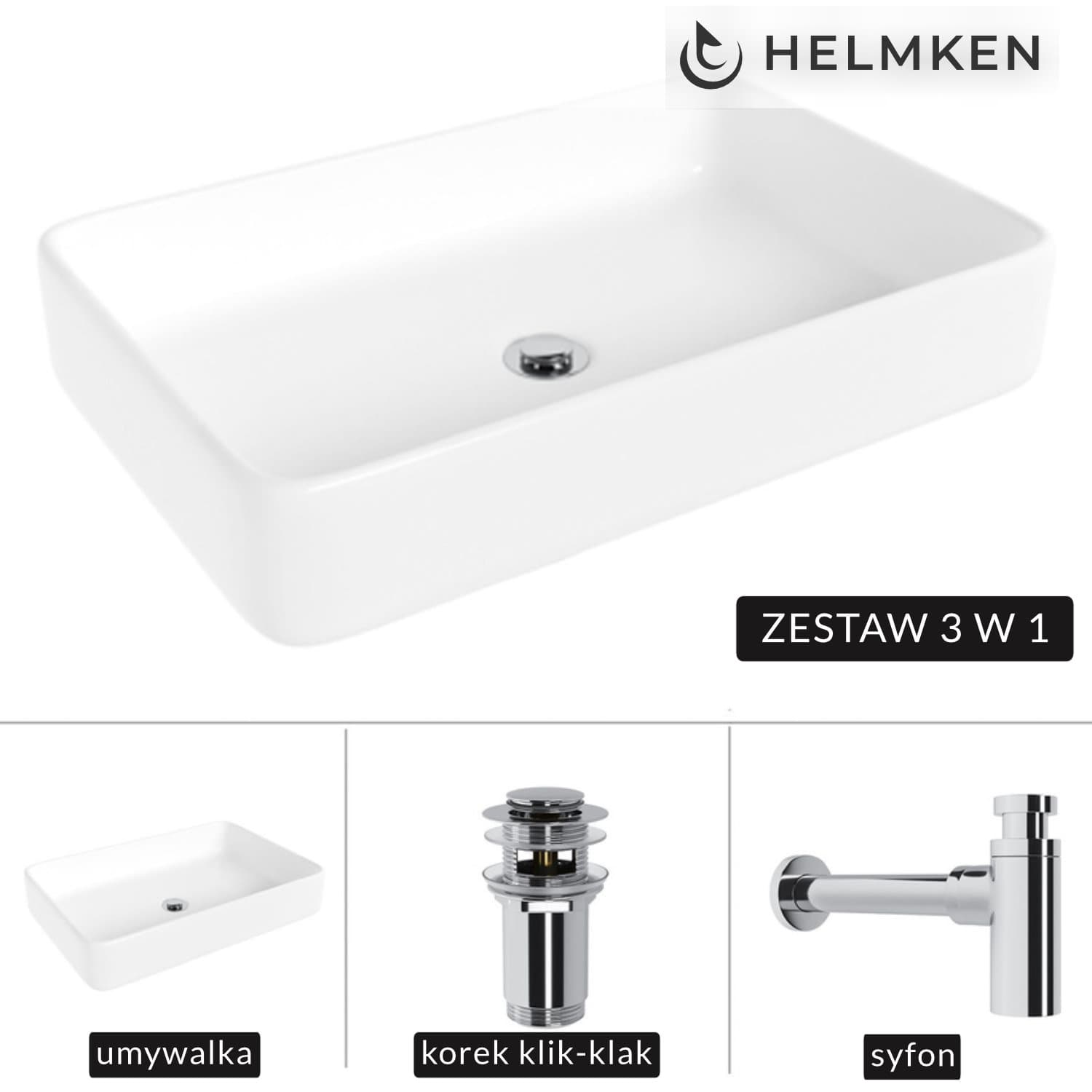 Umywalka nablatowa Helmken 84261000 (61.5x41) Biała + Syfon Chrom + Korek klik-klak Chrom
