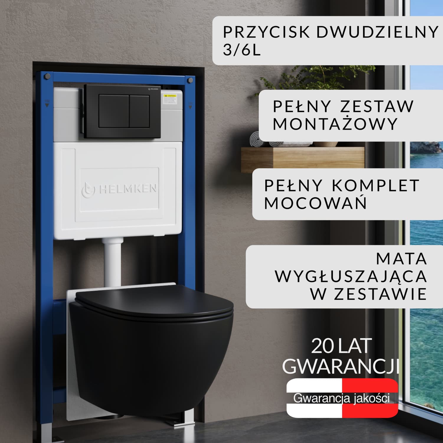 Zestaw podtynkowy WC Helmken 5w1: Stelaż, Czarny Mat Przycisk(J), Miska bezkołnierzowa Rimless 35103001B (Matowa Czarna), Deska wolnoopadająca, Mata