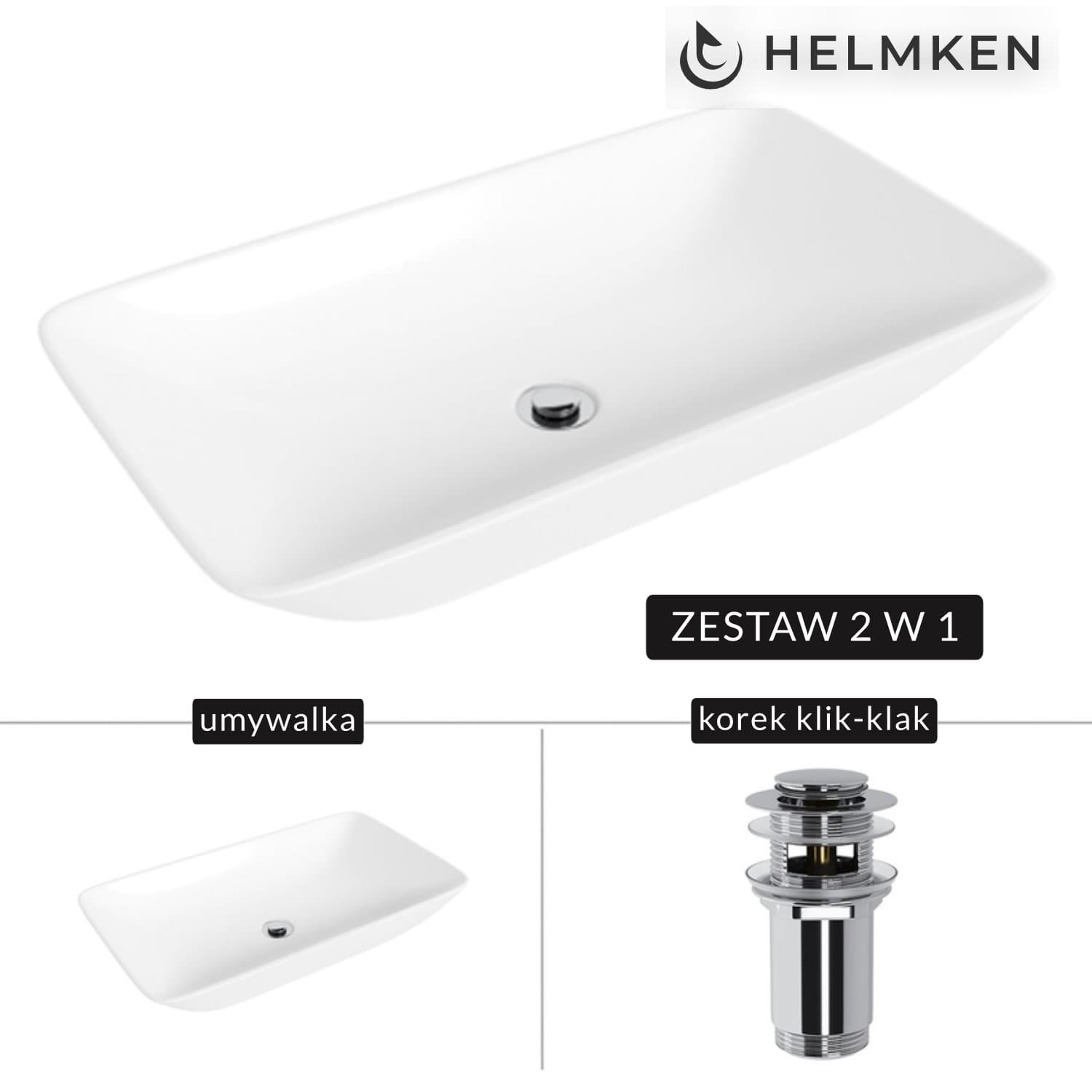 Umywalka nablatowa Helmken 88670000 (70x40) Biała + Korek klik-klak Chrom