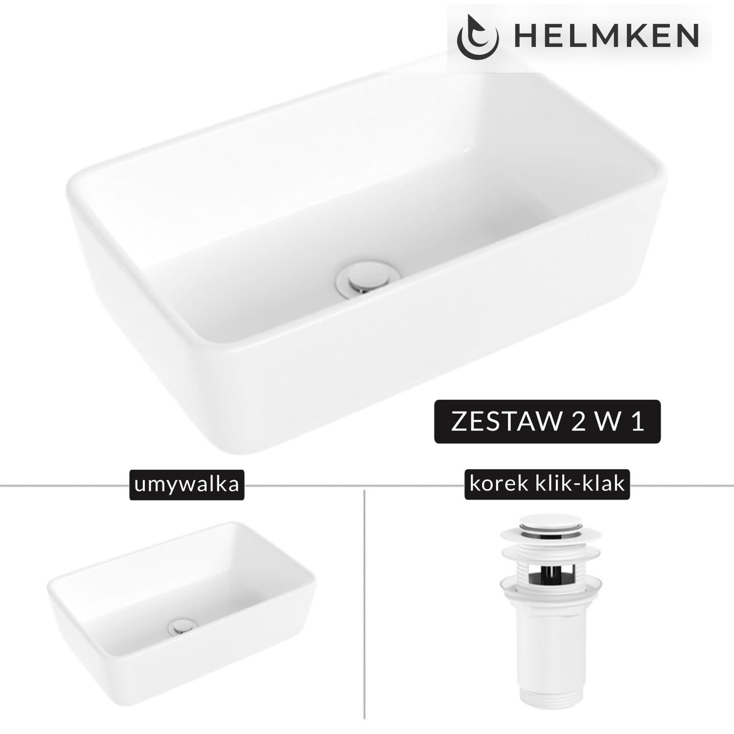 Umywalka nablatowa Helmken 67448000 (48x29.5) Biała + Korek klik-klak Biały