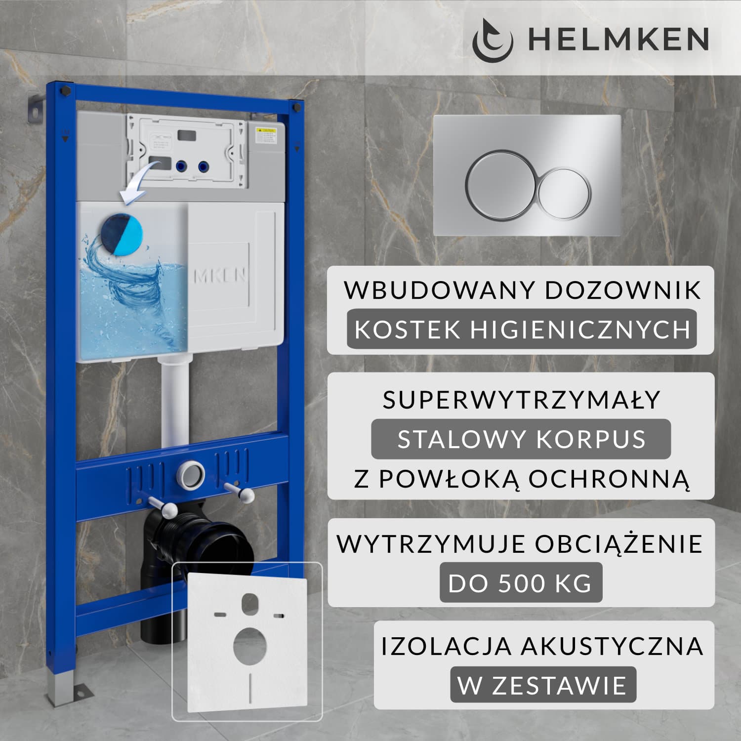 Stelaż podtynkowy WC Helmken Zestaw 4w1: Stelaż podtynkowy, Przycisk Chrom (E) , Pojemnik na kostki higieniczne, Mata wygłuszająca