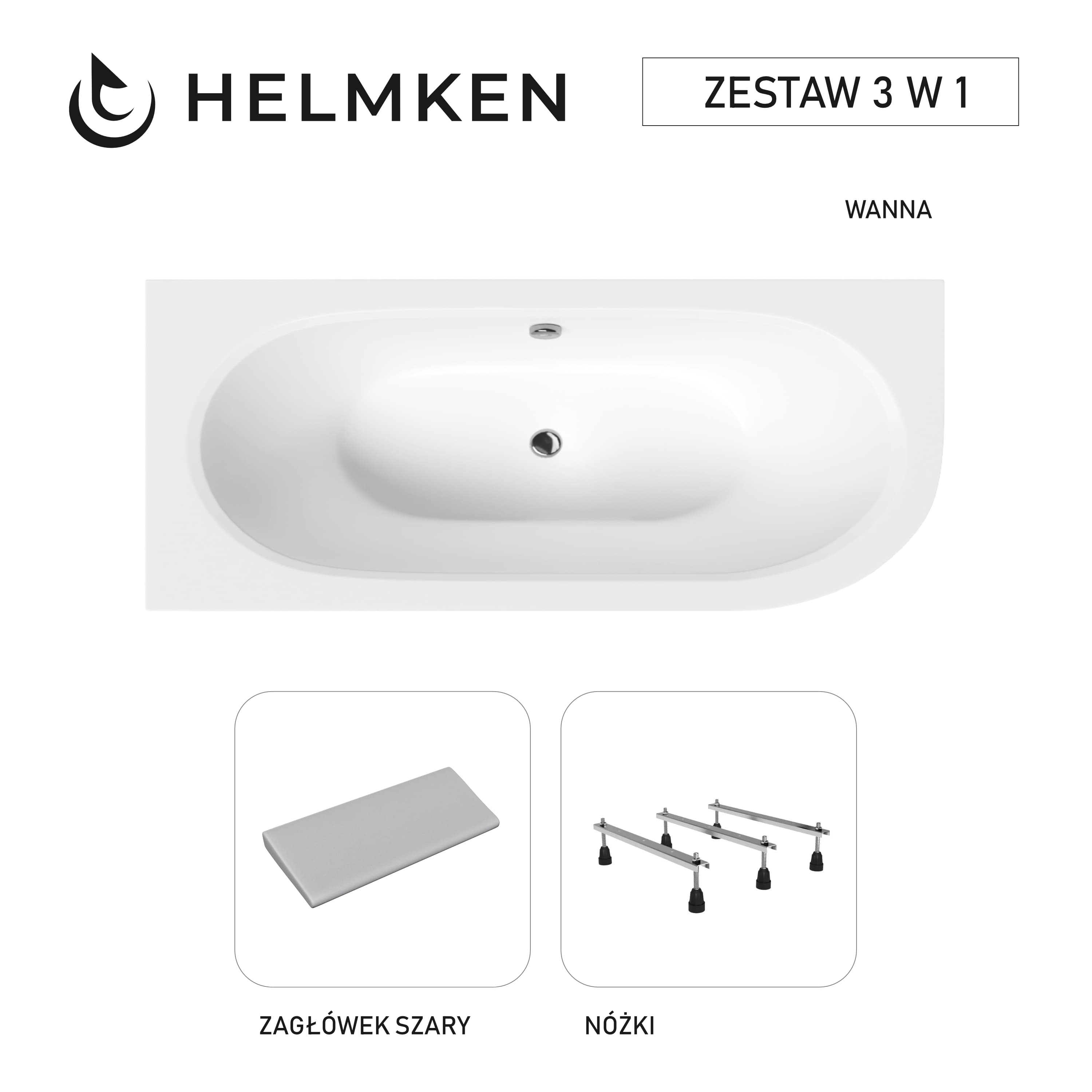 Wanna akrylowa Helmken Marbella Lux 180 x 80 Lewa + Zagłówek szary + Nóżki / 23092008ZN