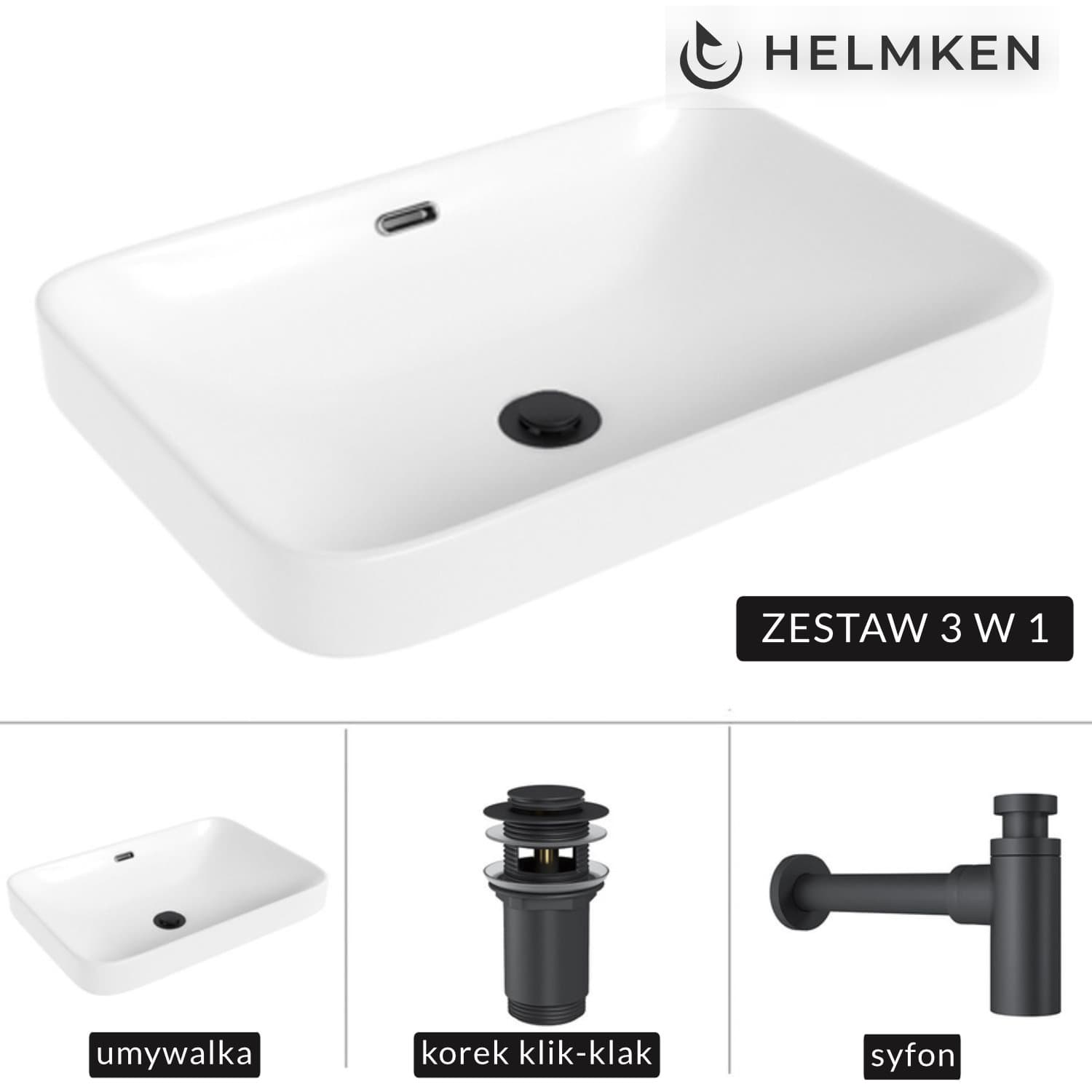Umywalka nablatowa Helmken 441A52000 (52x36) Biała + Syfon Czarny Mat + Korek klik-klak Czarny Mat