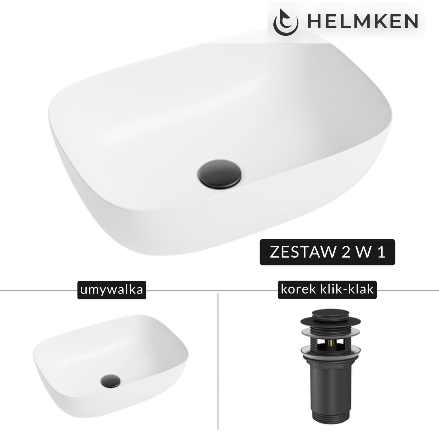 Umywalka nablatowa Helmken 49346000 (46x32) Biała + Korek klik-klak Czarny Mat