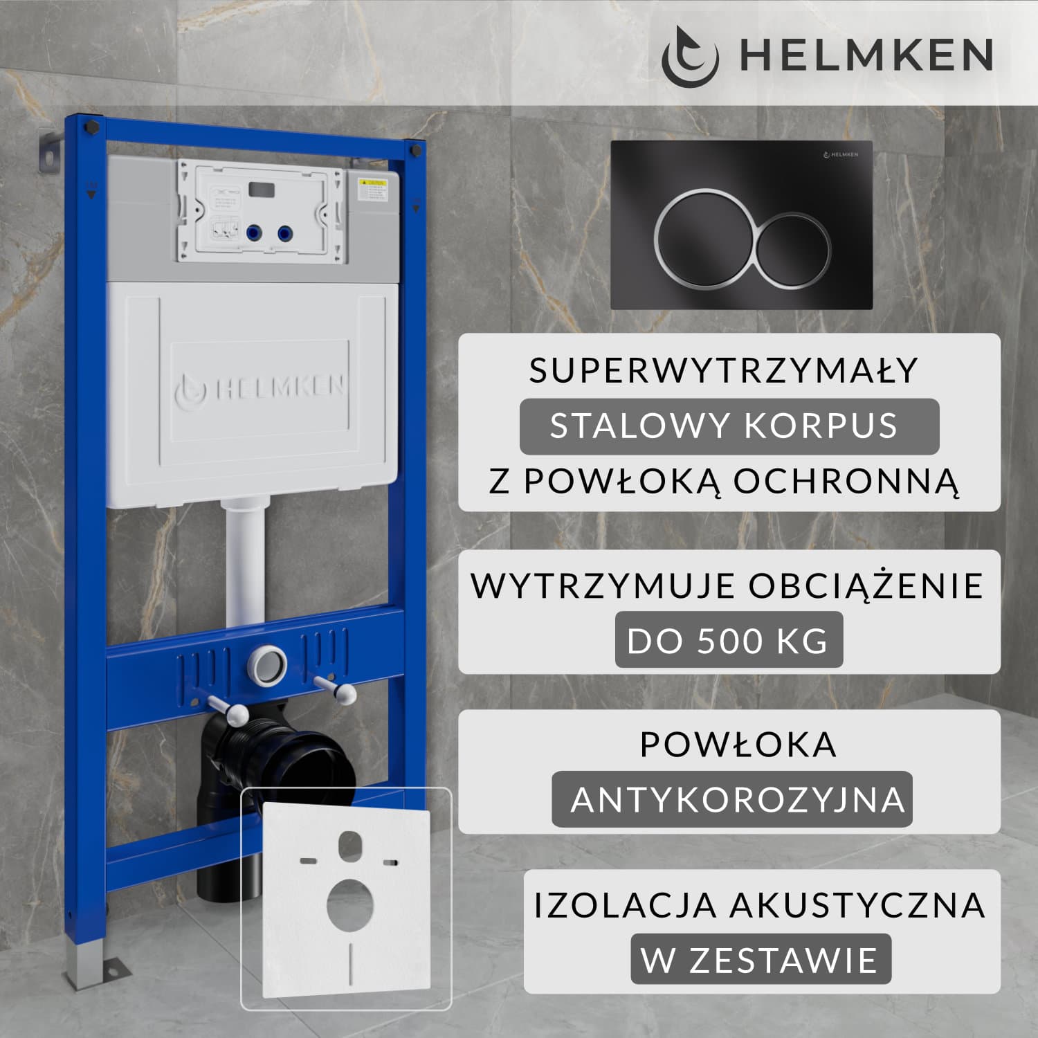 Stelaż podtynkowy WC Helmken Zestaw 3w1: Stelaż podtynkowy, Przycisk Czarny Mat (E) , Mata wygłuszająca