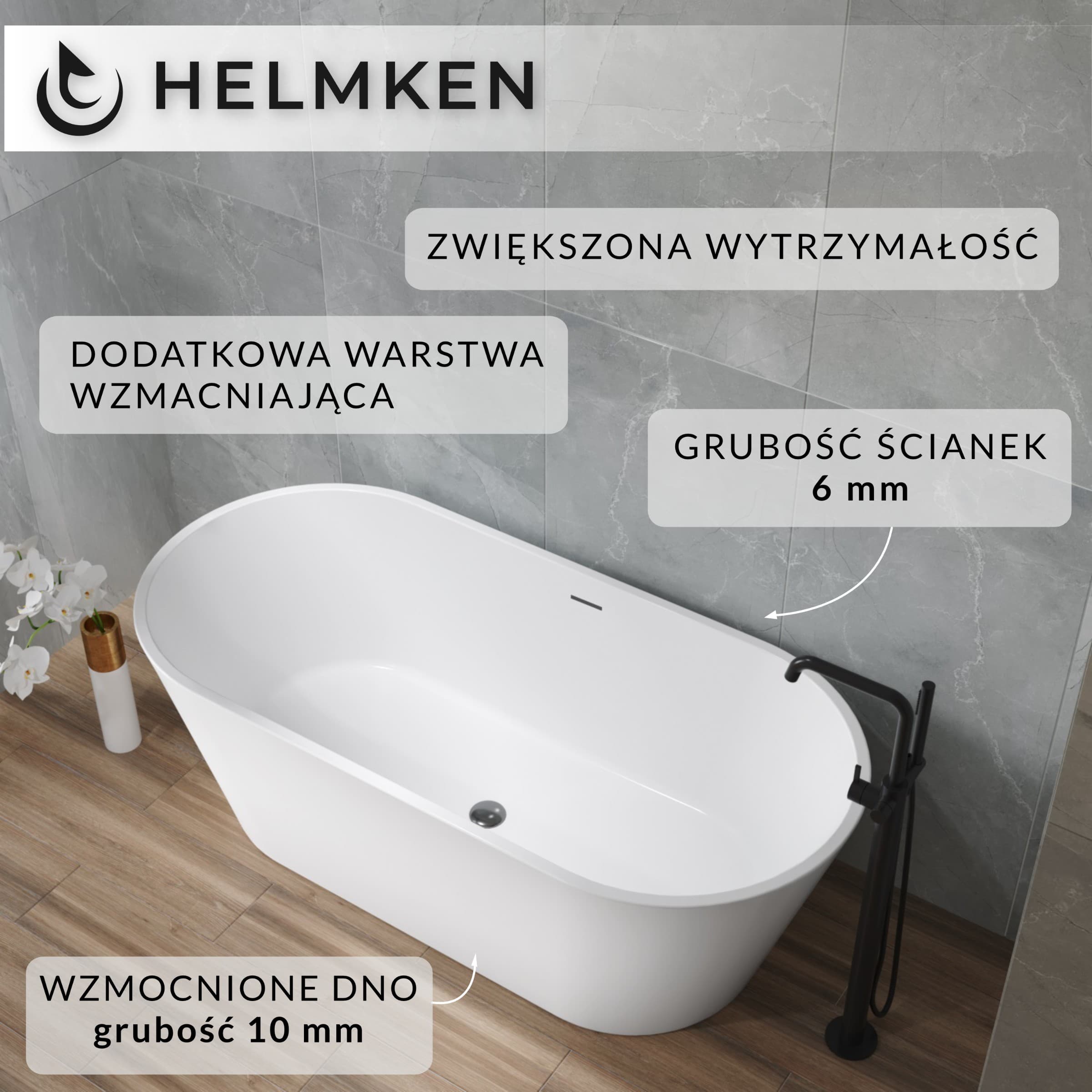 Wanna wolnostojąca akrylowa Helmken Raya 160 x 74 + Nóżki + Syfon z korkiem klik-klak / 31681560